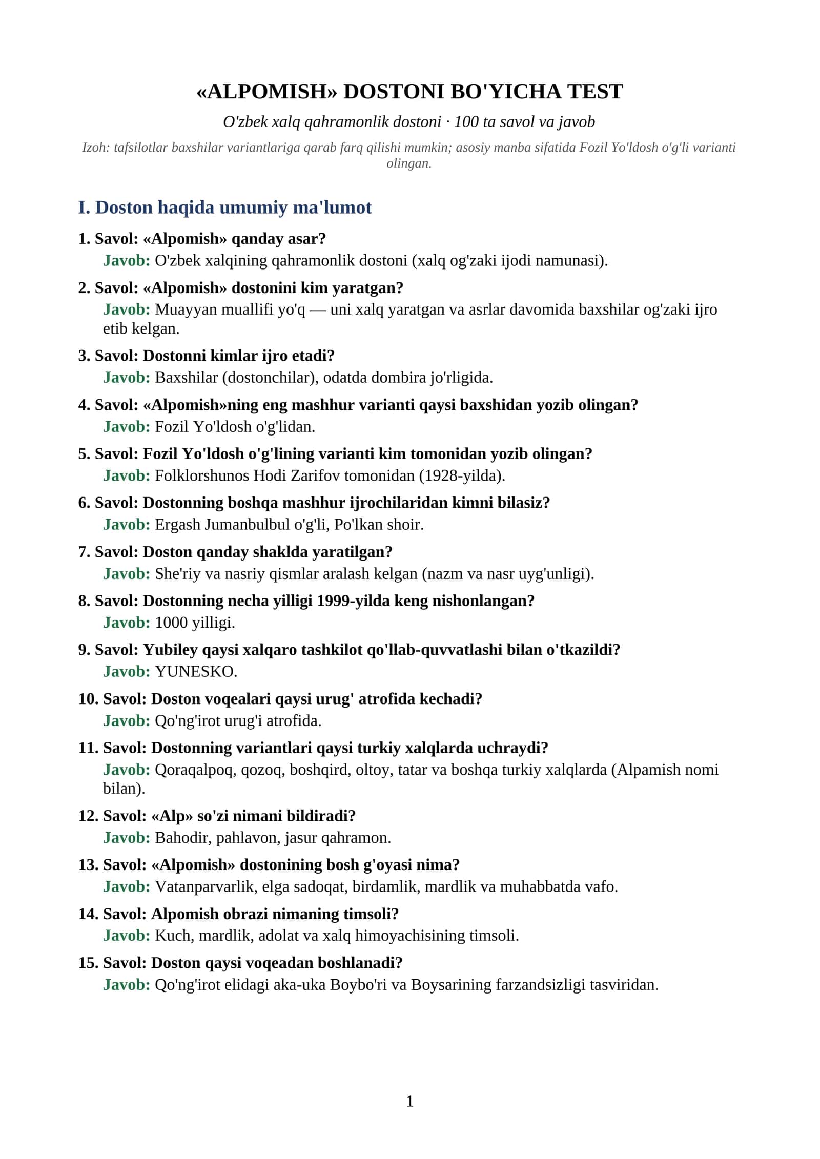 Alpomish dostoni bo'yicha 100 ta savol-javoblar