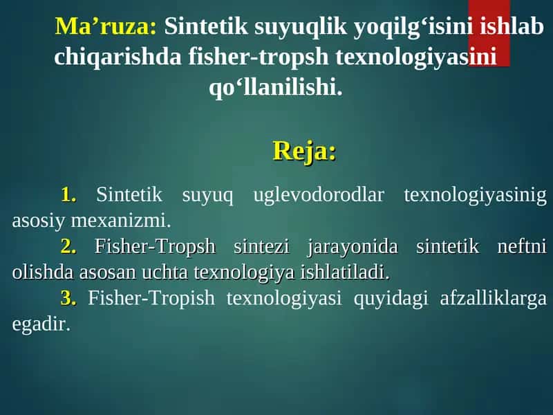 Sintetik suyuq uglevodorodlar texnologiyasi