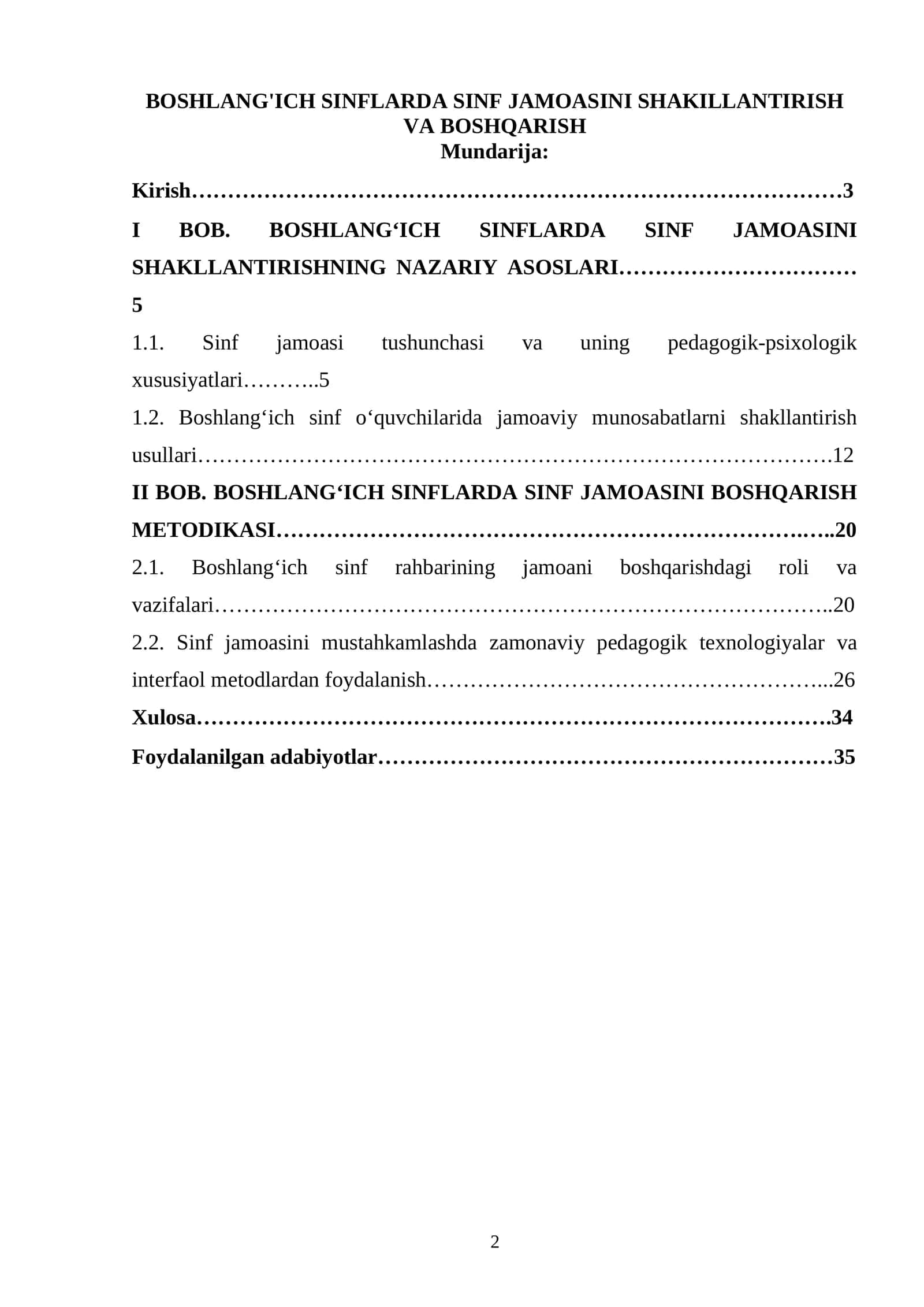 BOSHLANG'ICH SINFLARDA SINF JAMOASINI SHAKILLANTIRISH VA BOSHQARISH