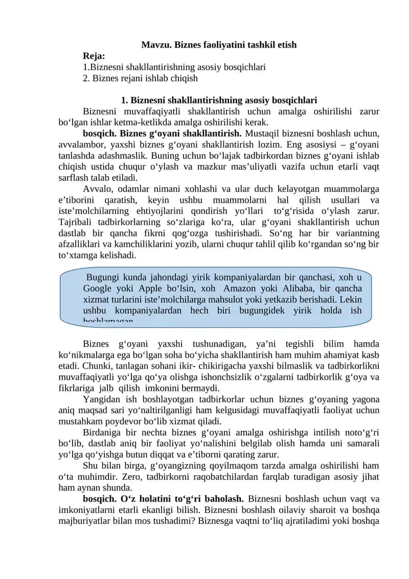 Biznes faoliyatini tashkil etish