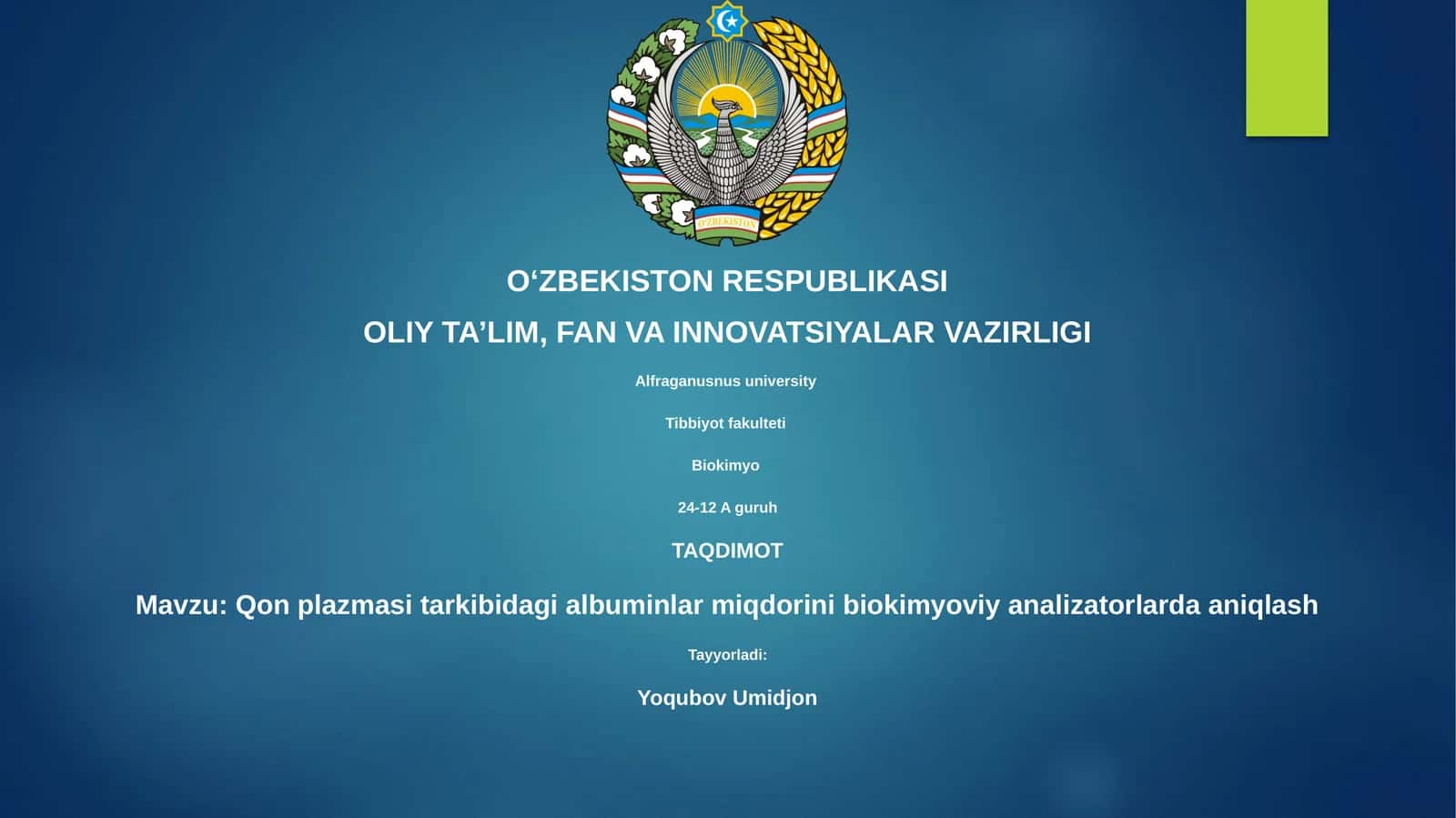 Biokimyo - Qon plazmasi tarkibidagi albuminlar miqdorini biokimyoviy analizatorlarda aniqlash