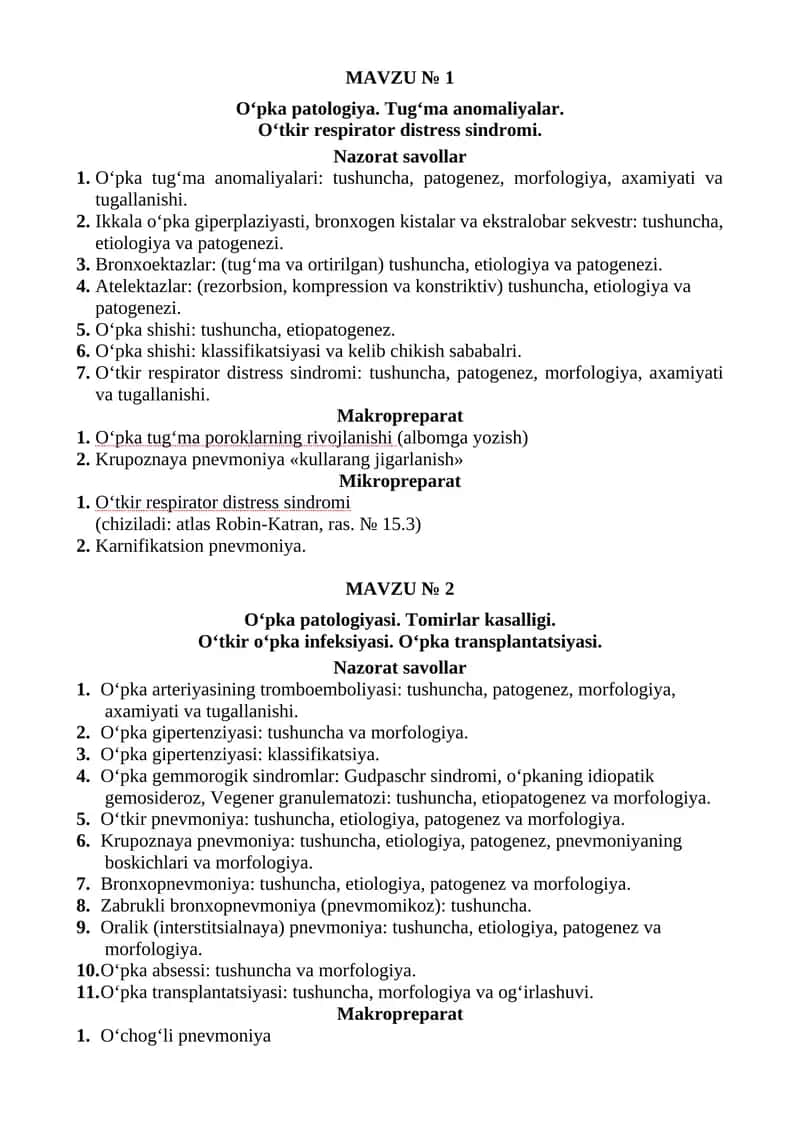 O‘pka patologiya. Tug‘ma anomaliyalar. O‘tkir respirator distress sindromi