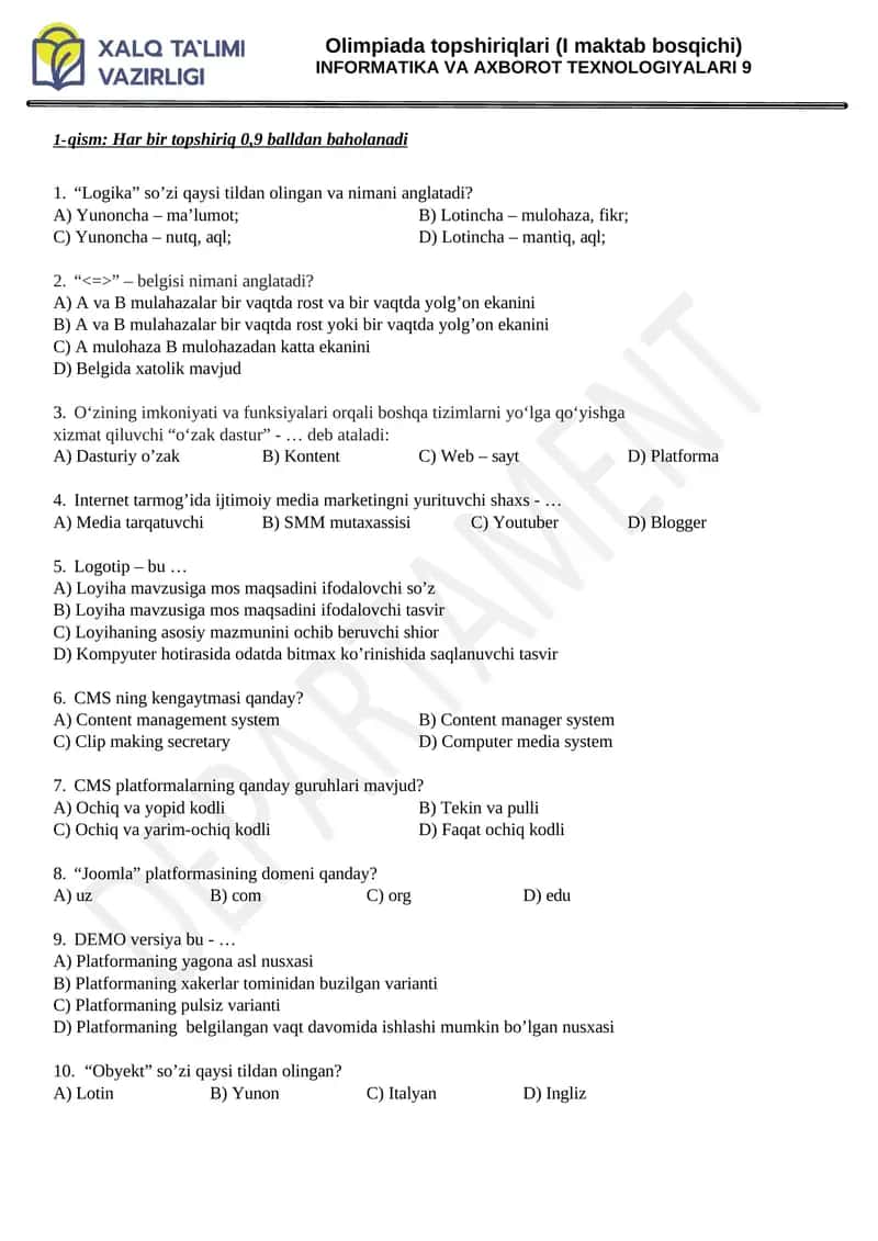 Olimpiada topshiriqlari (I maktab bosqichi) INFORMATIKA VA AXBOROT TEXNOLOGIYALARI 9