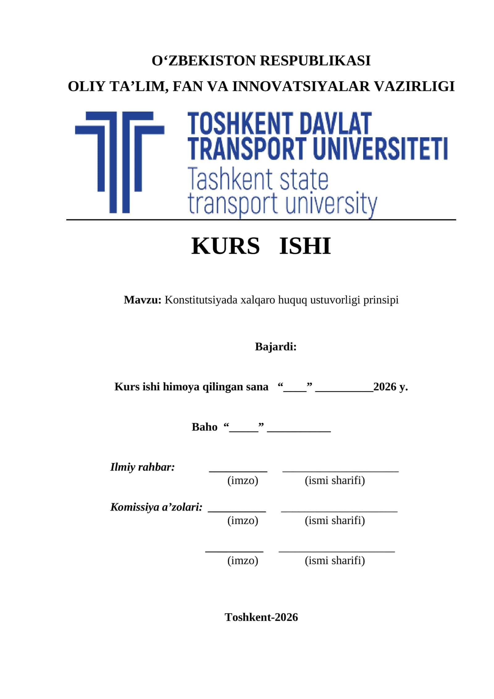 Konstitutsiyada xalqaro huquq ustuvorligi prinsipi kurs ishi