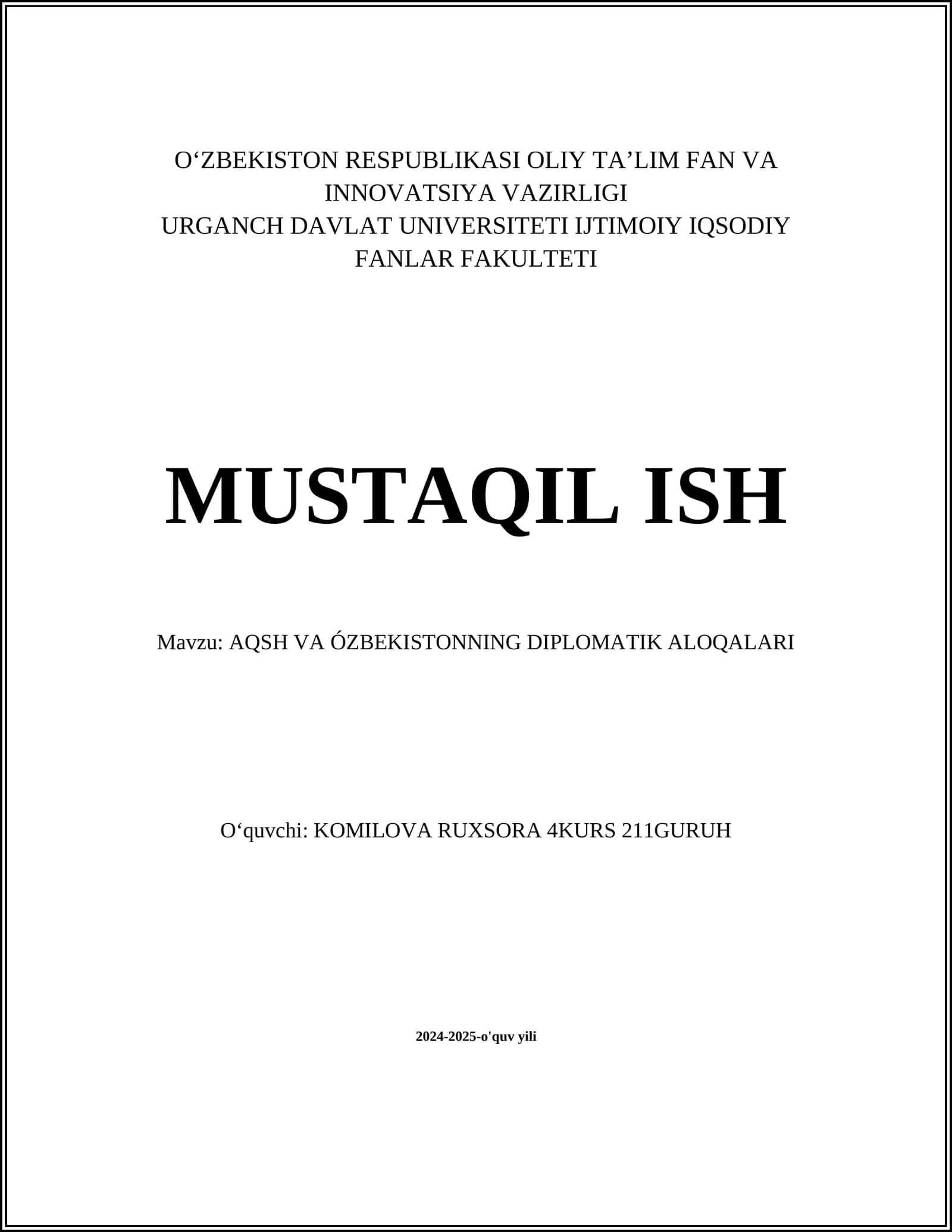 AQSH VA ÓZBEKISTONNING DIPLOMATIK ALOQALARI