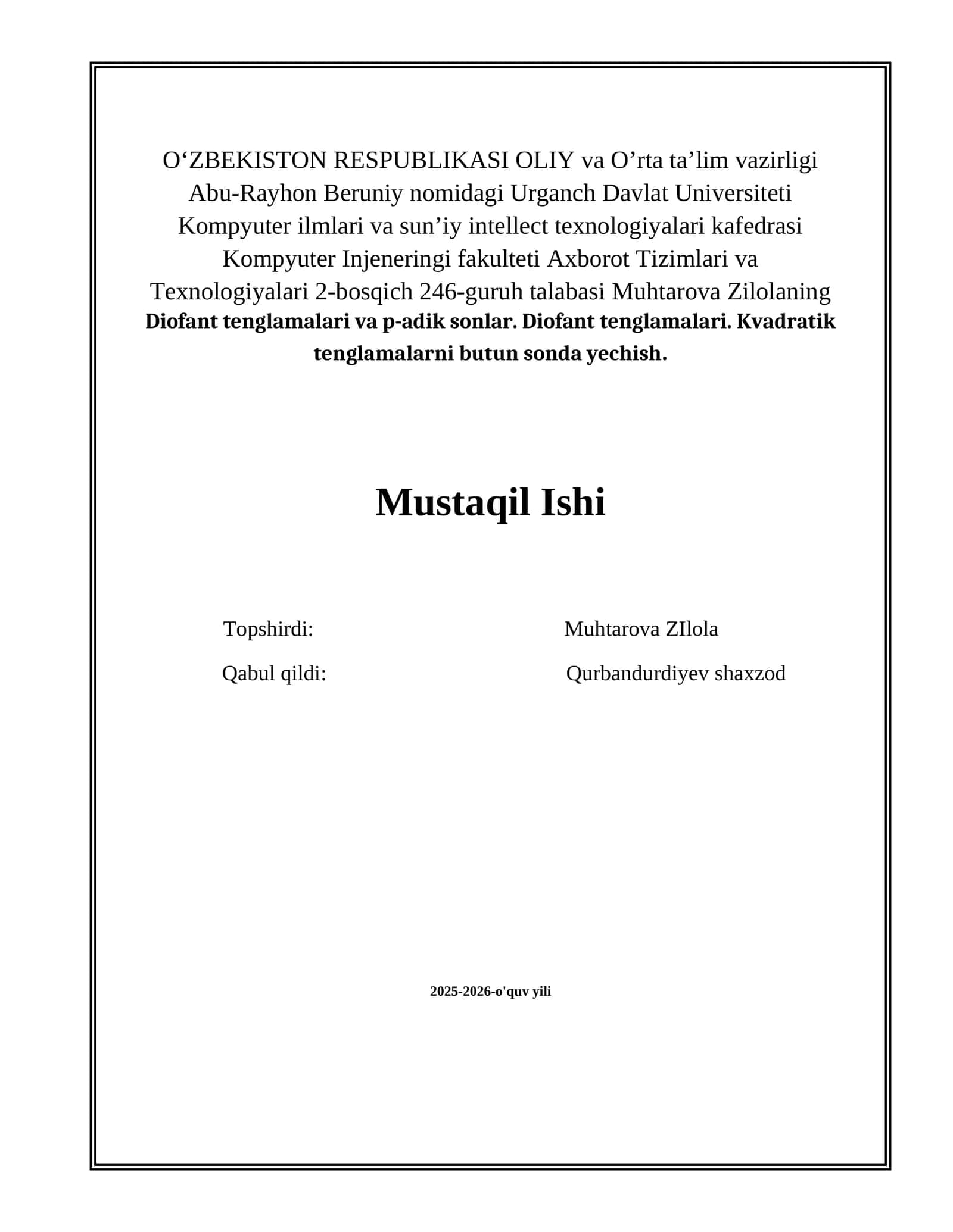 Diofant tenglamalari va p-adik. Kvadratik tenglamalarni butun sonda yechish