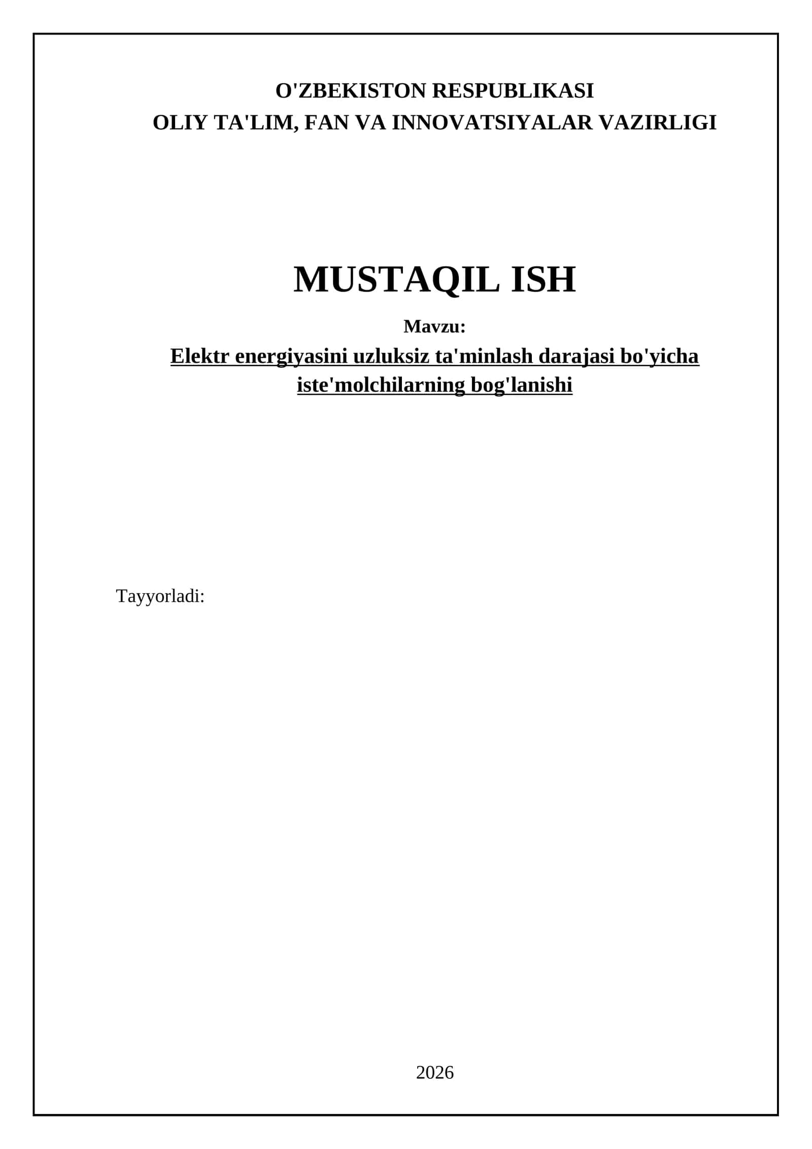 Elektr energiyasini uzluksiz ta'minlash darajasi bo'yicha iste'molchilarning bog'lanishi