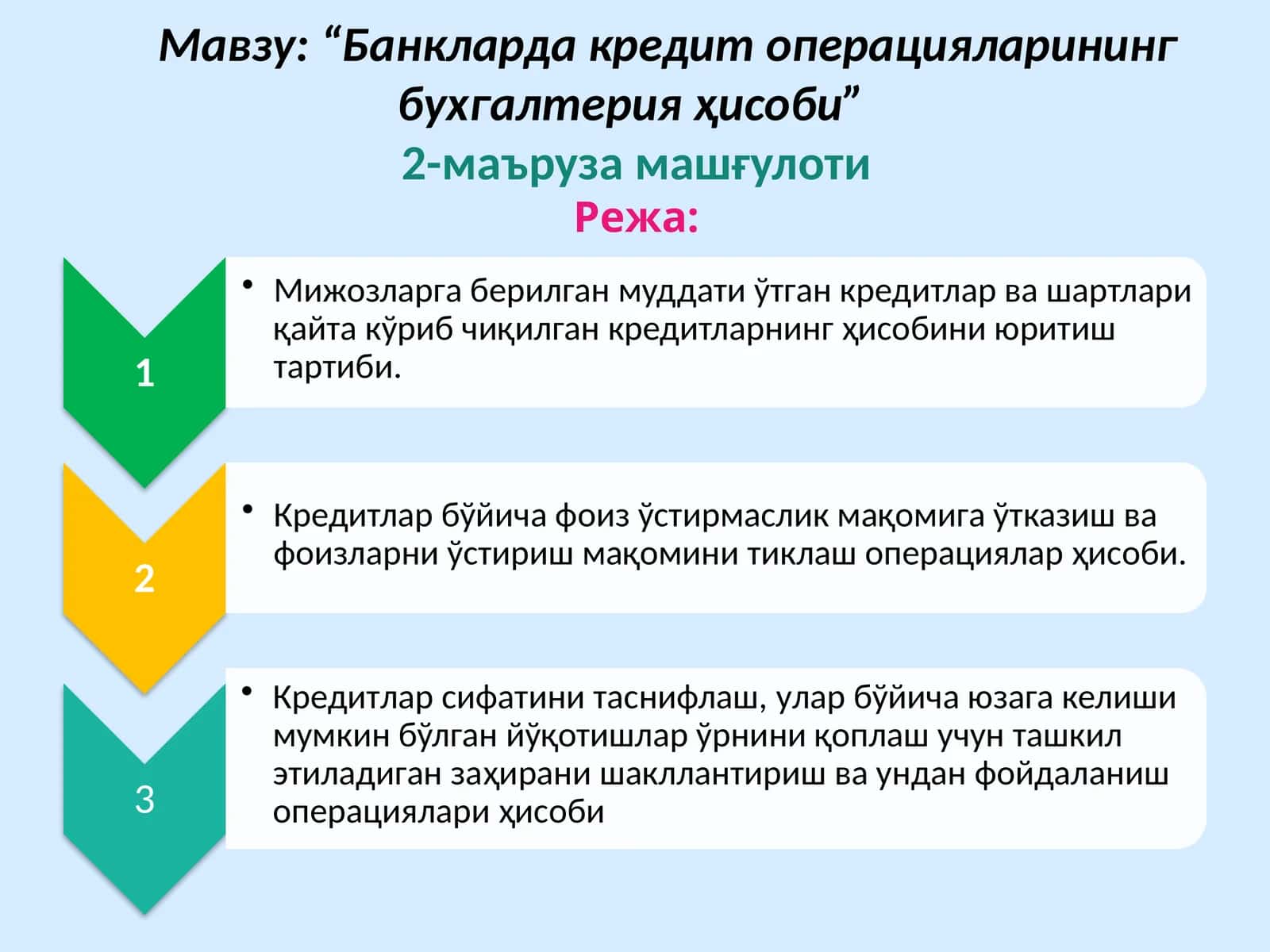 Банкларда кредит операцияларининг бухгалтерия ҳисоби