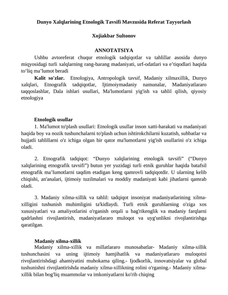 Dunyo Xalqlarining Etnologik Tavsifi Mavzusida Referat Tayyorlash