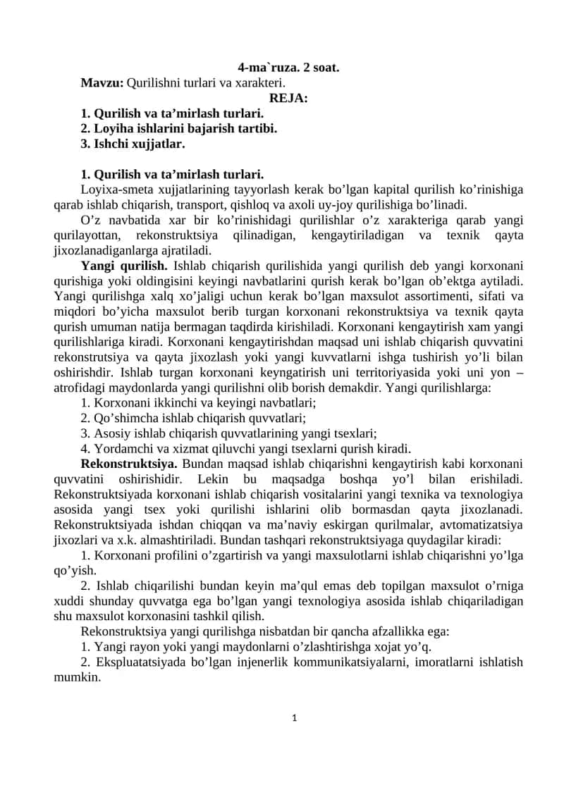 Qurilish va ta’mirlash turlari