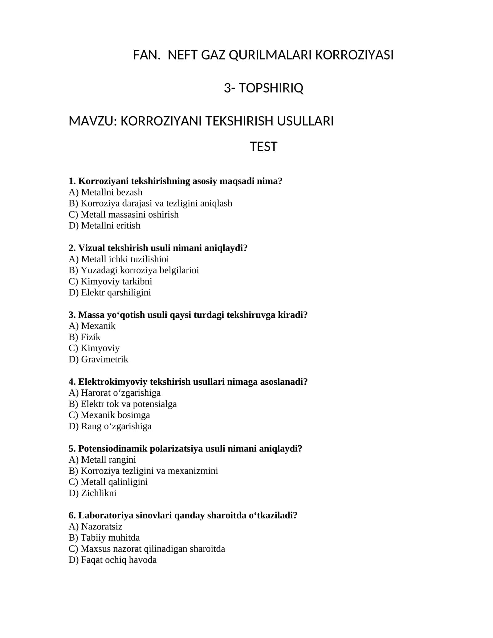 FAN. NEFT GAZ QURILMALARI KORROZIYASI