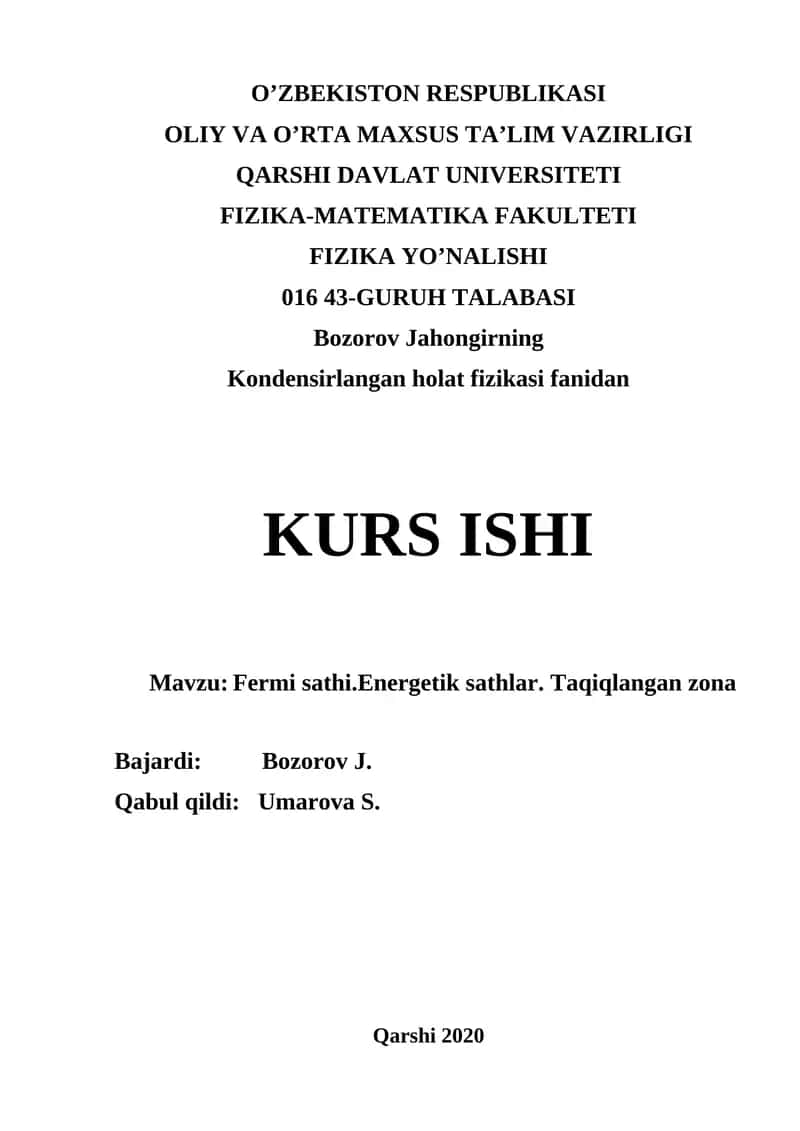 Fermi sathi. Energetik sathlar. Taqiqlangan zona