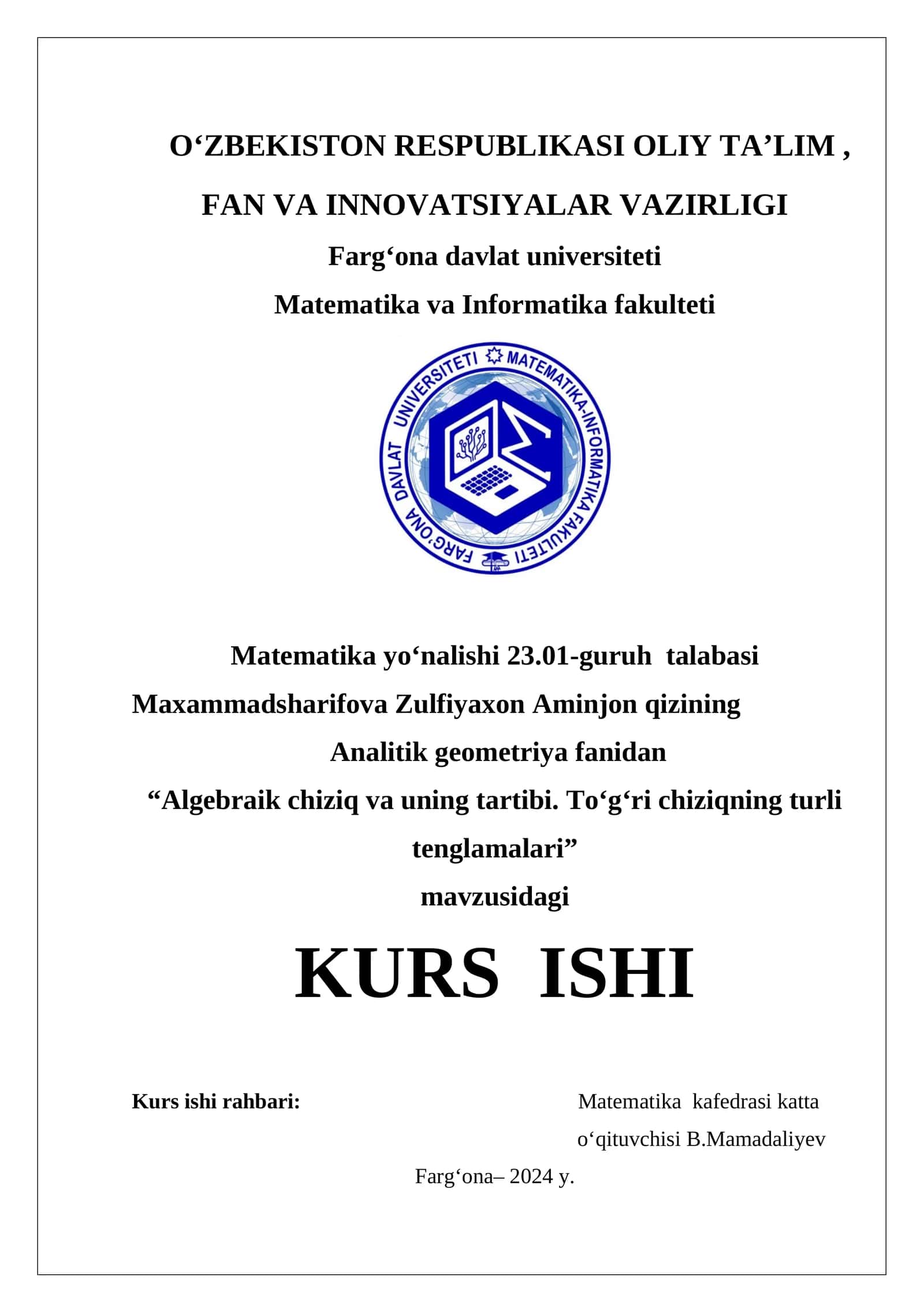 Algebraik chiziq va uning tartibi. To'g'ri chiziqning turli tenglamalari