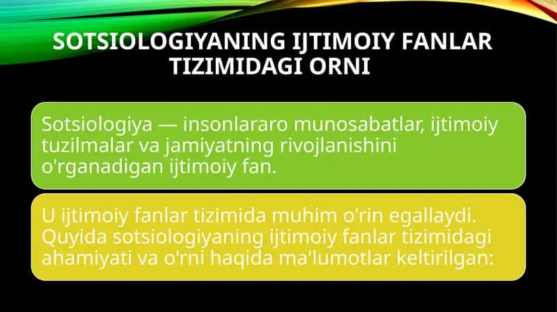 SOTSIOLOGIYANING IJTIMOIY FANLAR TIZIMIDAGI ORNI