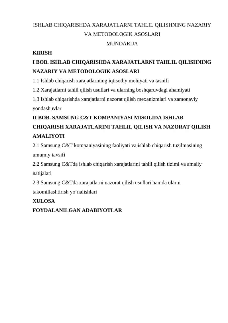 SAMSUNG C&T KOMPANIYASI MISOLIDA ISHLAB CHIQARISH XARAJATLARINI TAHLIL QILISH VA NAZORAT QILISH AMALIYOTI