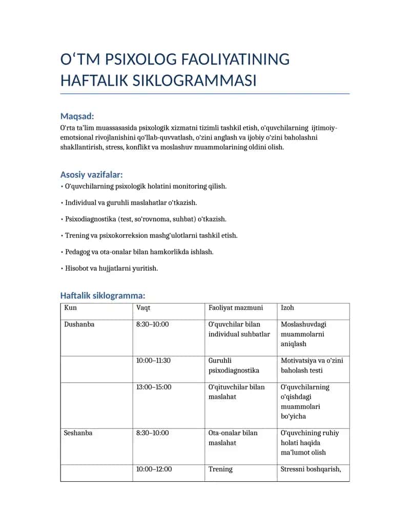 O‘TM PSIXOLOG FAOLIYATINING HAFTALIK SIKLOGRAMMASI