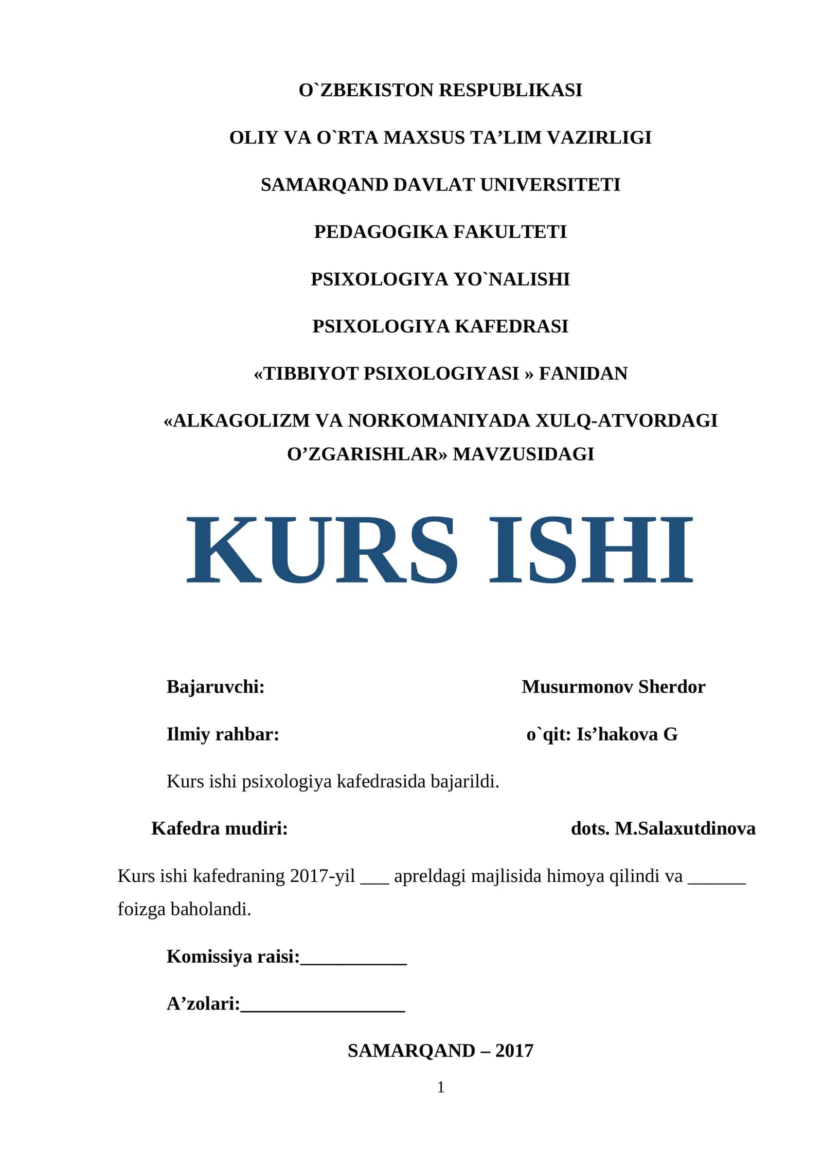 ALKAGOLIZM VA NORKOMANIYADA XULQ-ATVORDAGI O’ZGARISHLAR