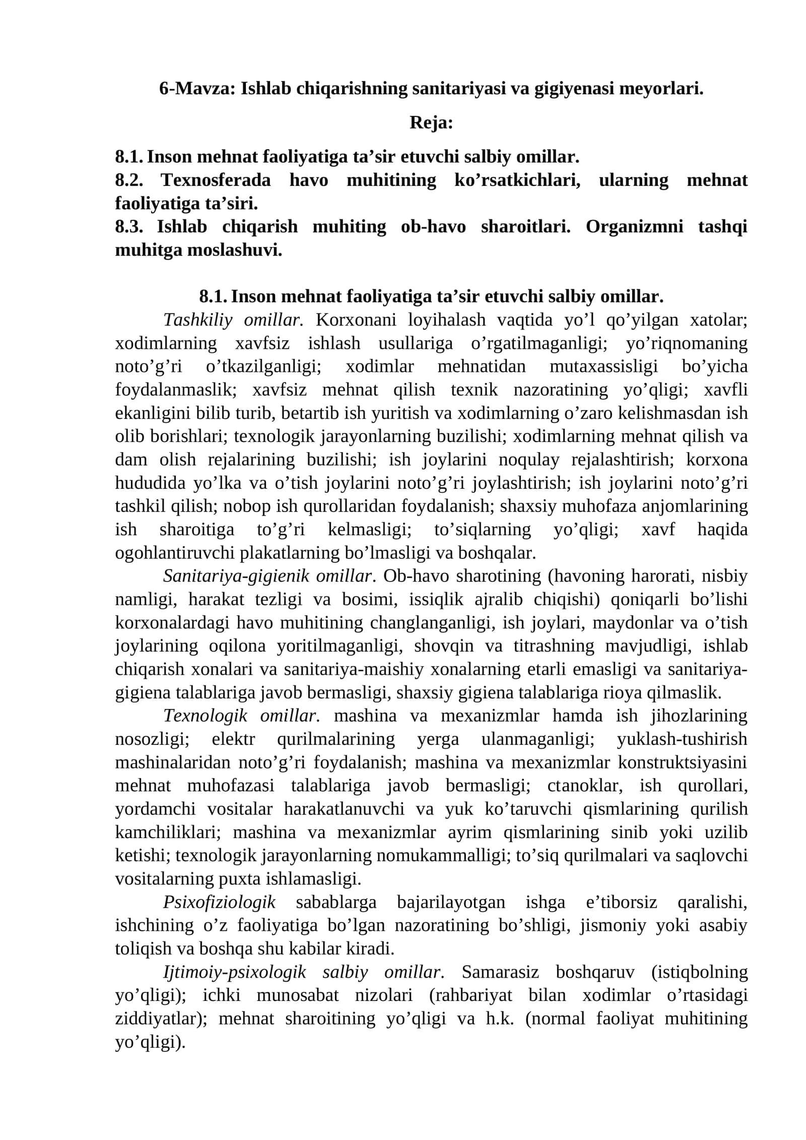Ishlab chiqarishning sanitariyasi va gigiyenasi meyorlari