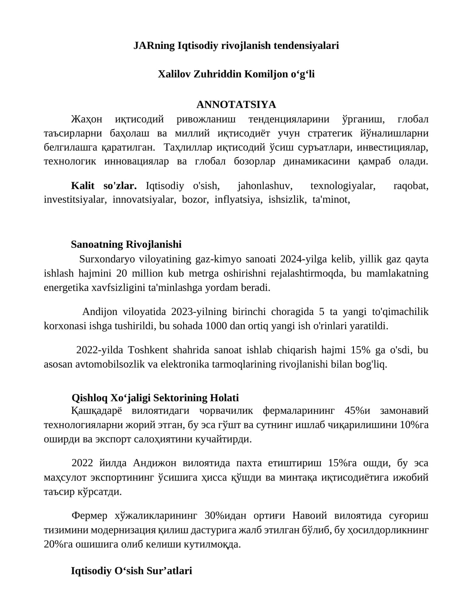 JARning Iqtisodiy rivojlanish tendensiyalari