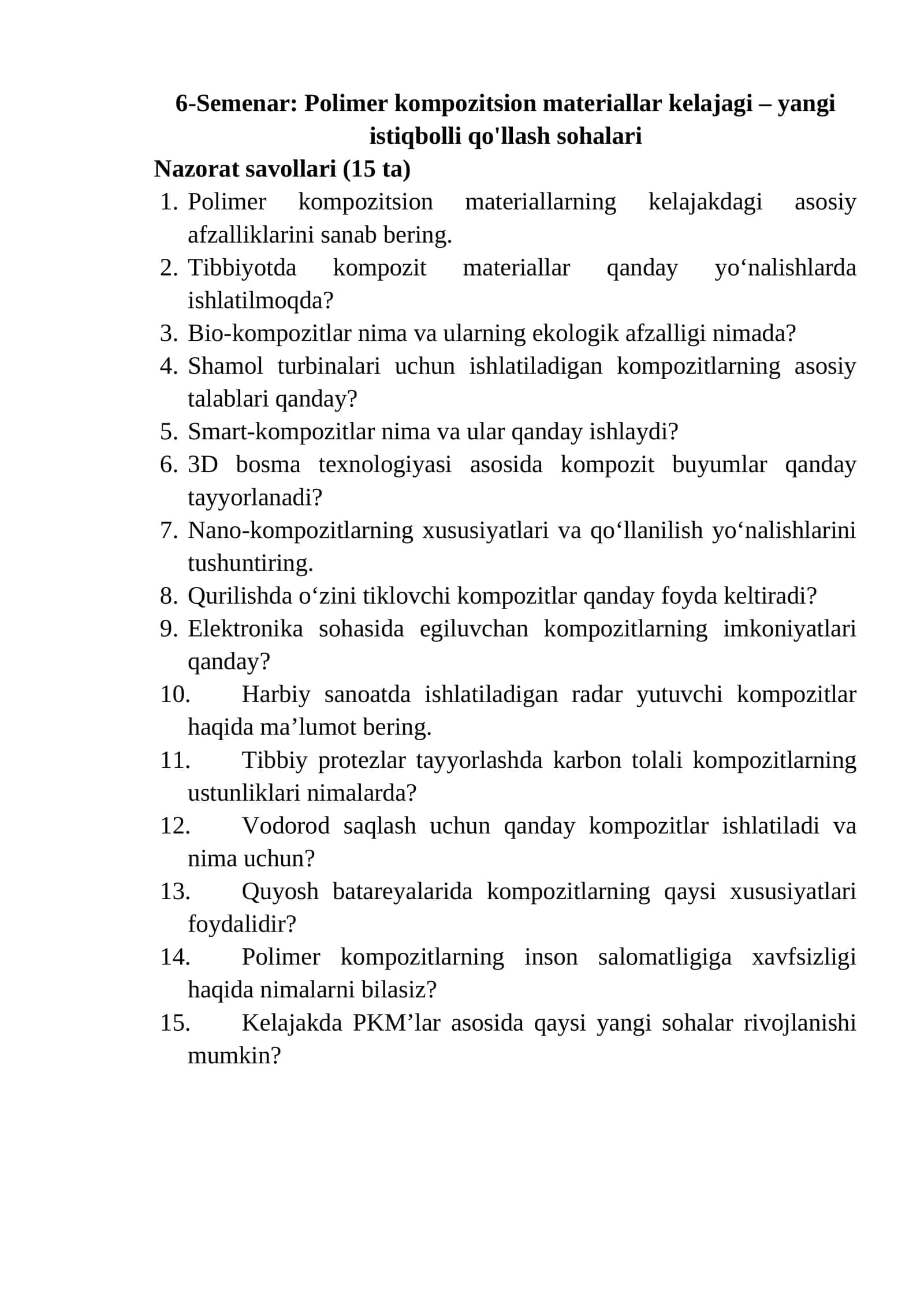 Polimer kompozitsion materiallar kelajagi – yangi istiqbolli qo'llash sohalari
