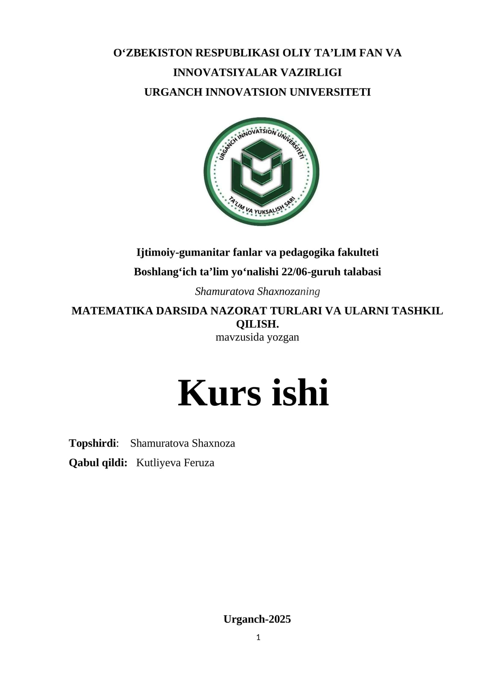 MATEMATIKA DARSIDA NAZORAT TURLARI VA ULARNI TASHKIL QILISH