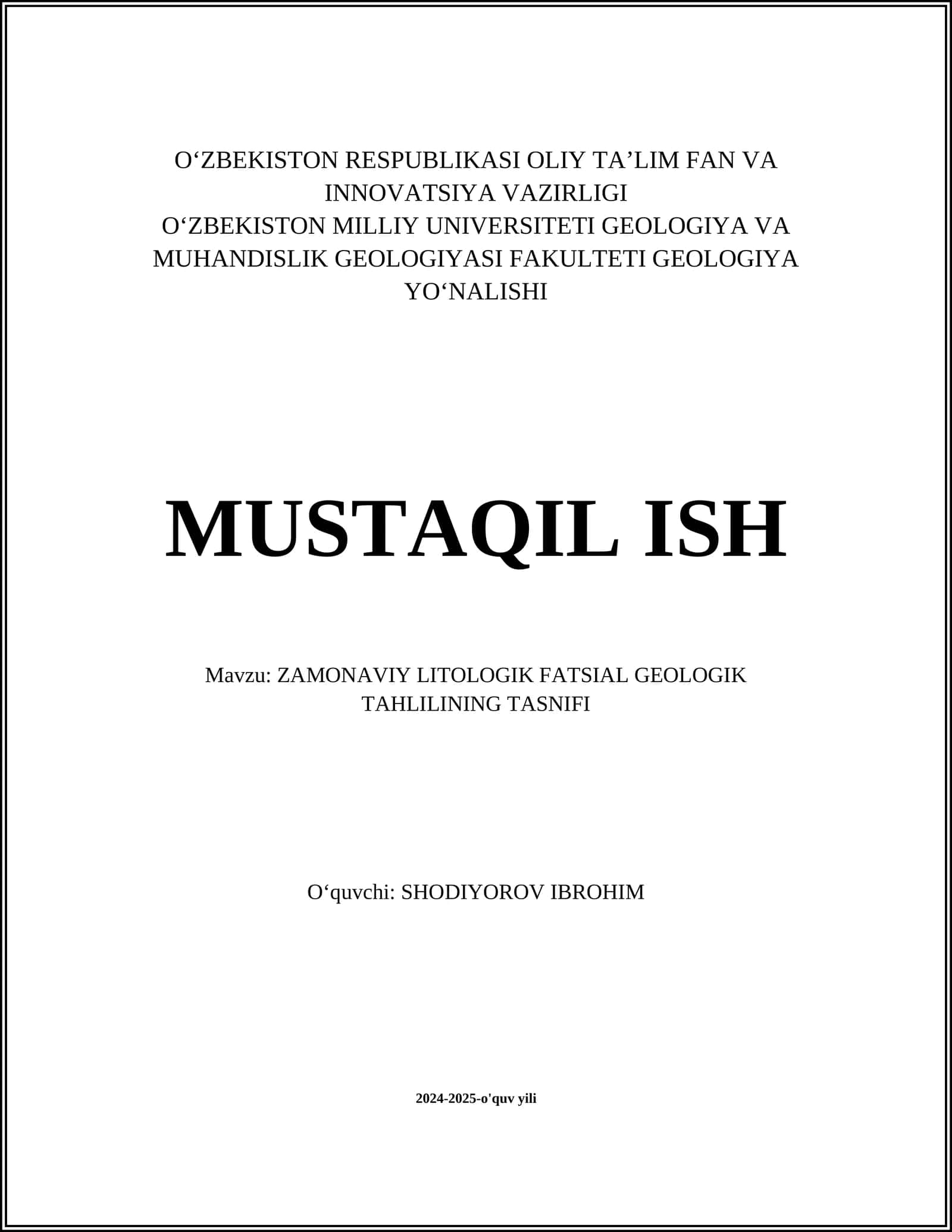 ZAMONAVIY LITOLOGIK FATSIAL GEOLOGIK TAHLILINING TASNIFI
