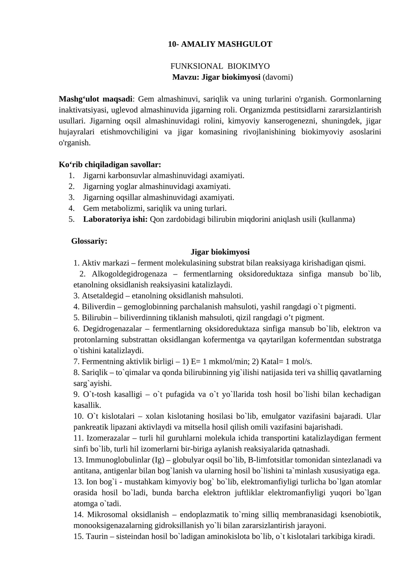 Jigar biokimyosi (davomi)