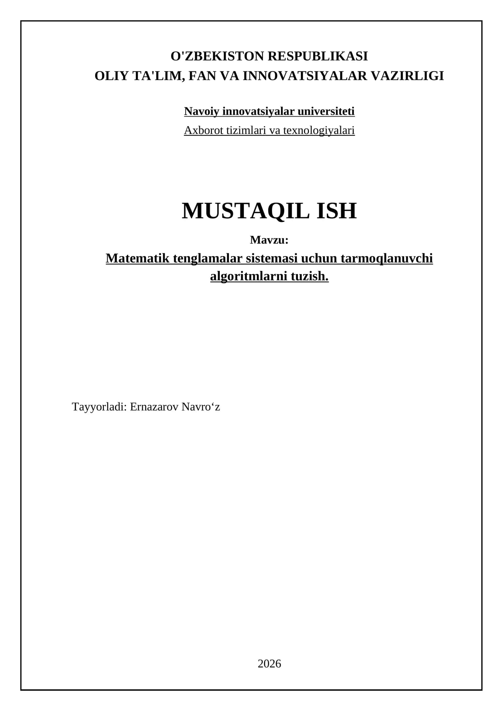Matematik tenglamalar sistemasi uchun tarmoqlanuvchi algoritmlarni tuzish