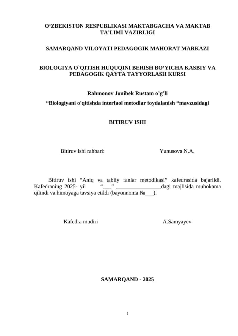 Biologiya fanidan Qon aylanish tizimining tuzilishi va vazifasi mavzularini o’qitish metodikasi