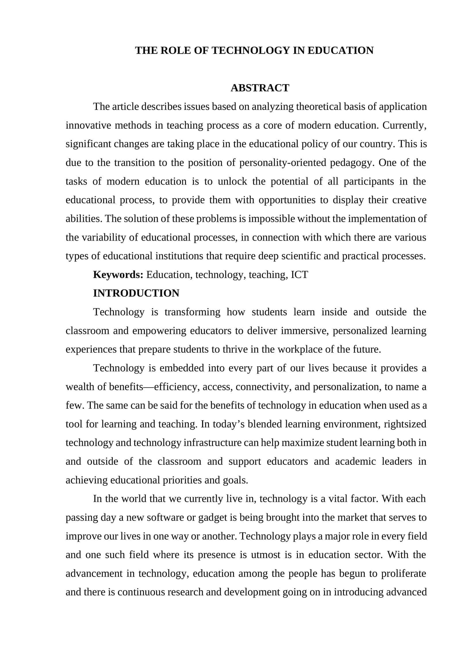 THE ROLE OF TECHNOLOGY IN EDUCATION