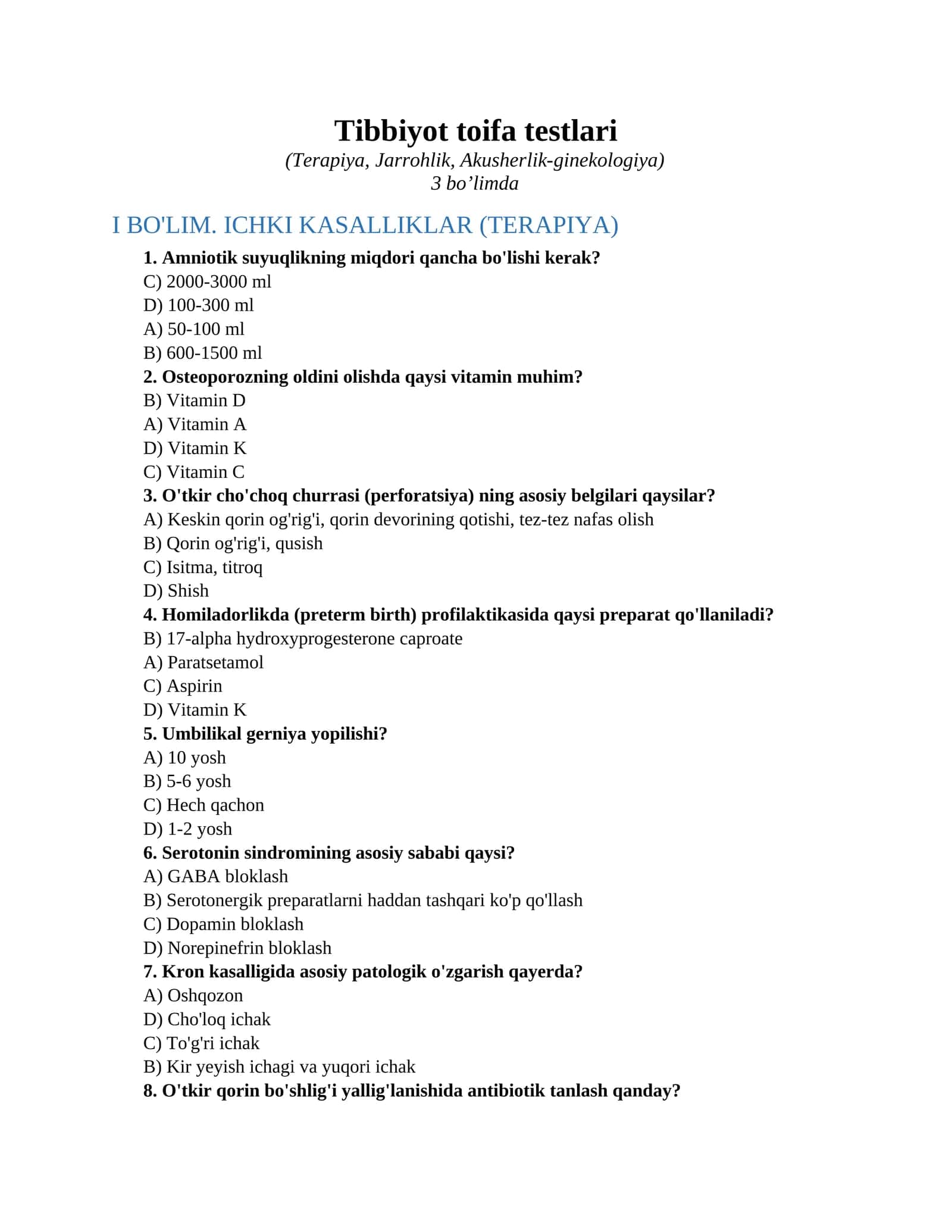 Tibbiyot toifa testlari