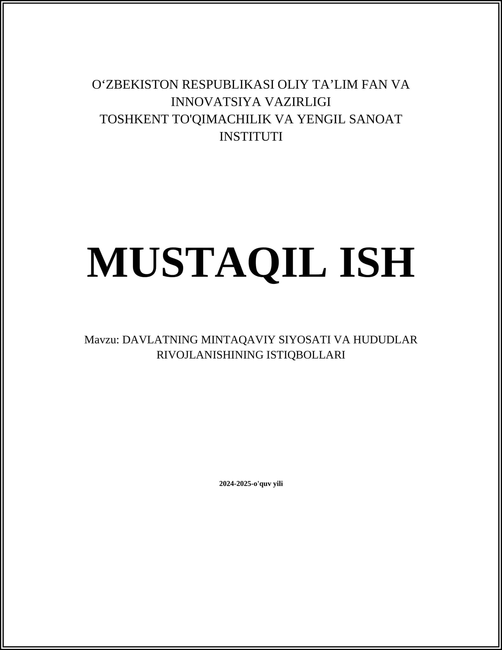 DAVLATNING MINTAQAVIY SIYOSATI VA HUDUDLAR RIVOJLANISHINING ISTIQBOLLARI