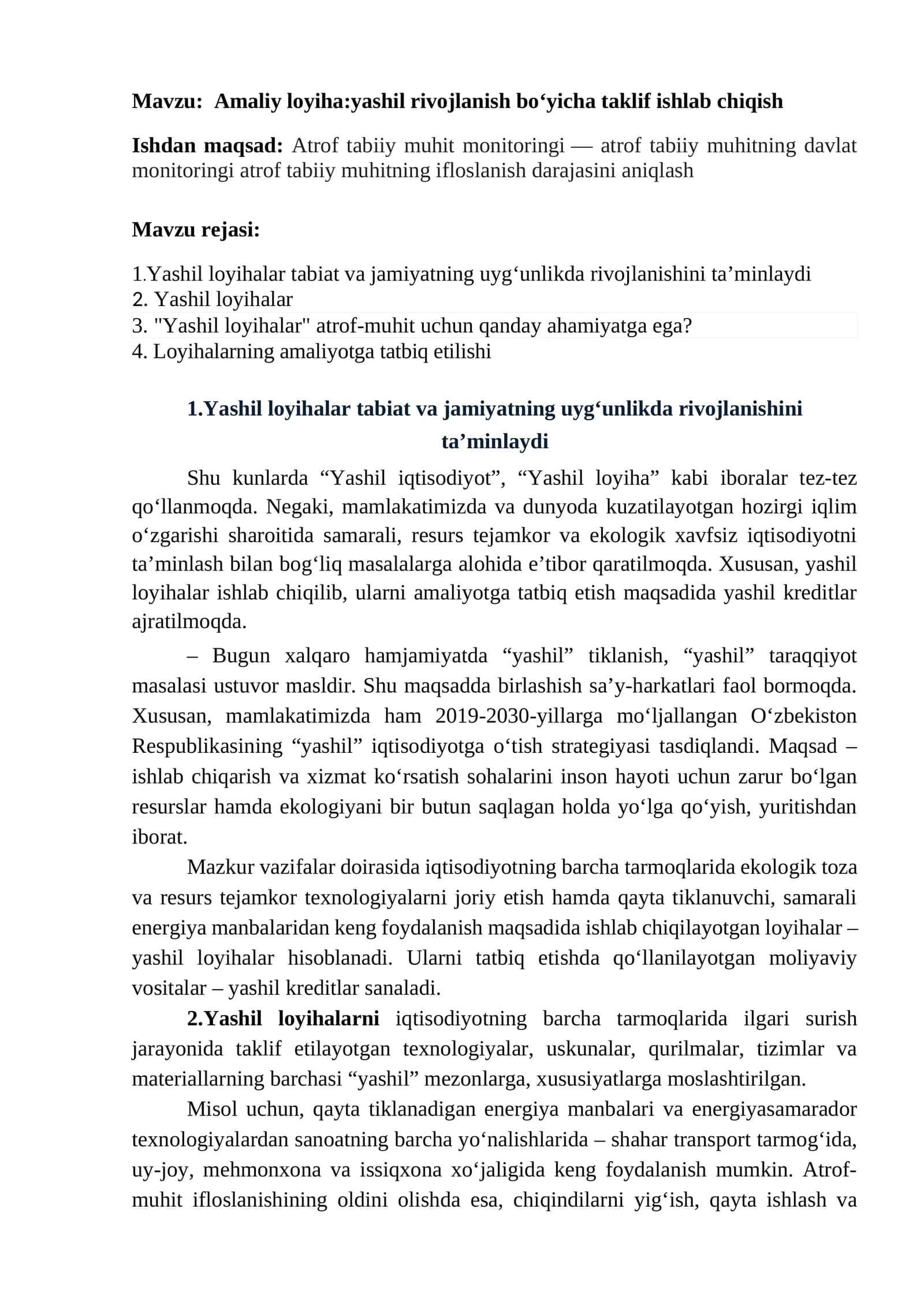 Amaliy loyiha:yashil rivojlanish boʻyicha taklif ishlab chiqish