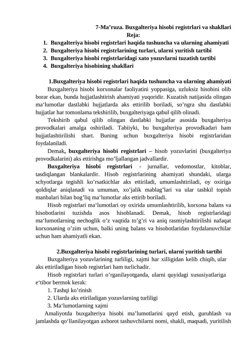 Buxgalteriya hisobi registrlari va shakllari