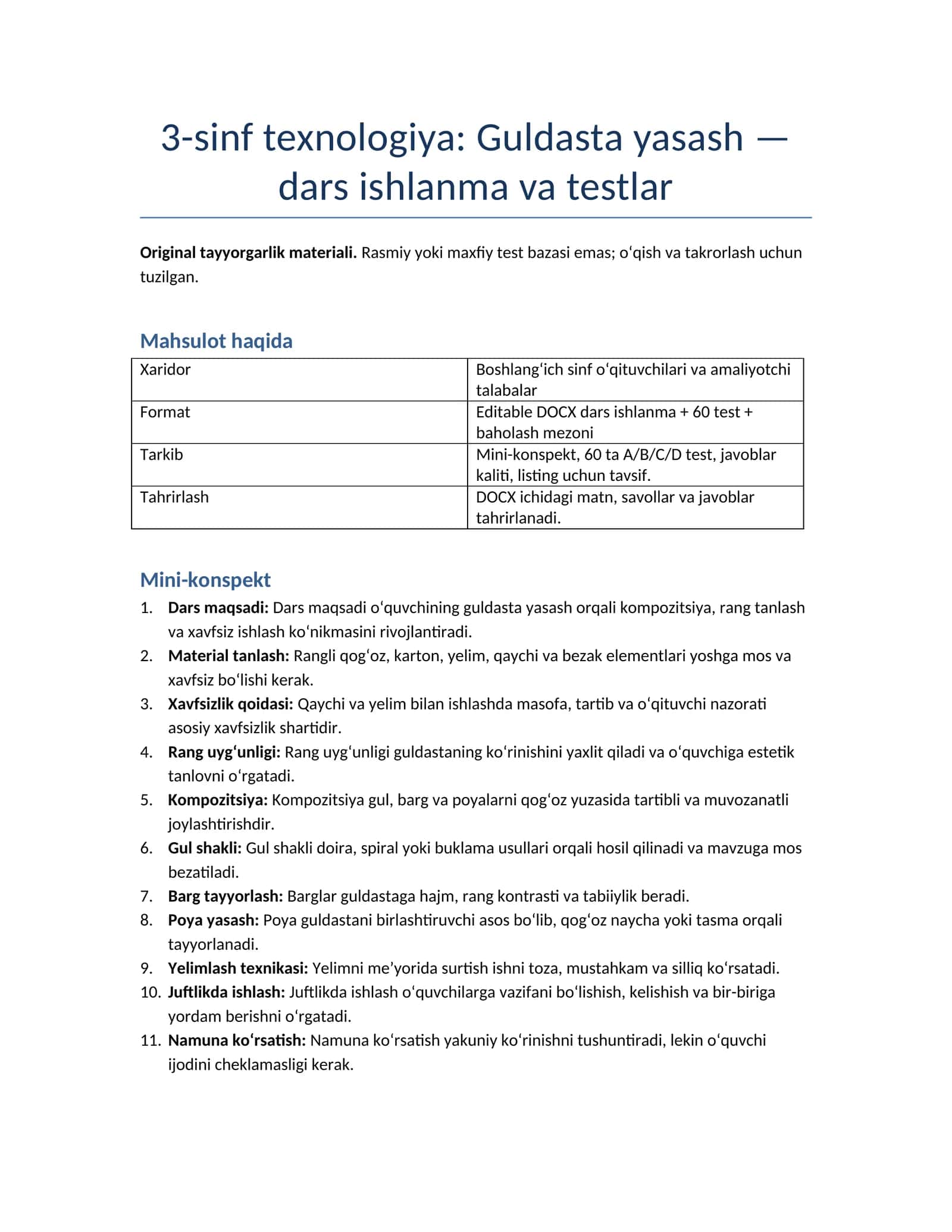 3-sinf texnologiya: Guldasta yasash — dars ishlanma va testlar
