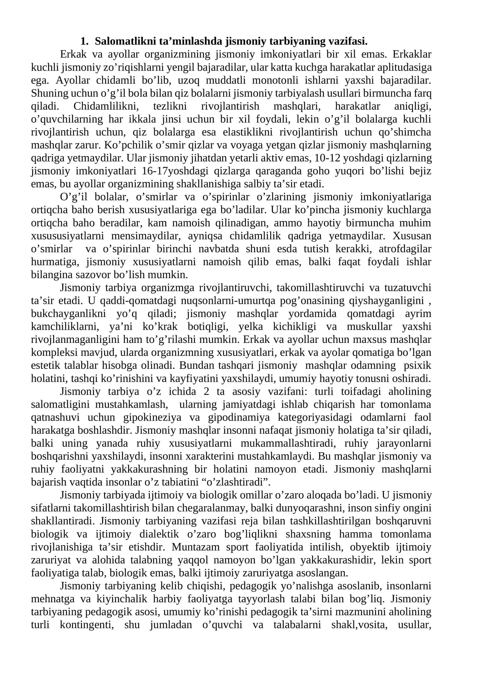 Salomatlikni ta’minlashda jismoniy tarbiyaning vazifasi