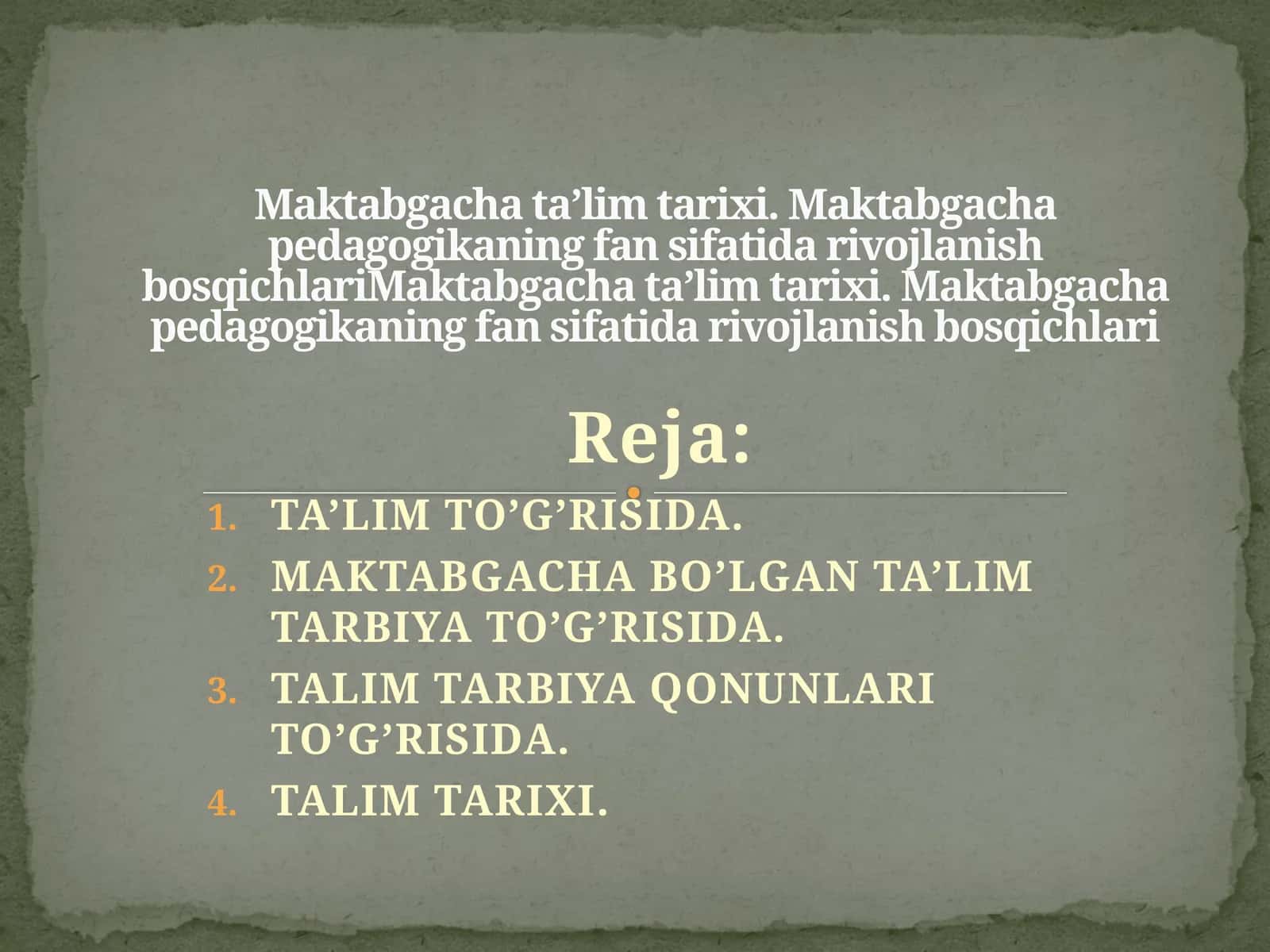 Maktabgacha ta’lim tarixi. Maktabgacha pedagogikaning fan sifatida rivojlanish bosqichlariMaktabgacha ta’lim tarixi. Maktabgacha pedagogikaning fan sifatida rivojlanish bosqichlari