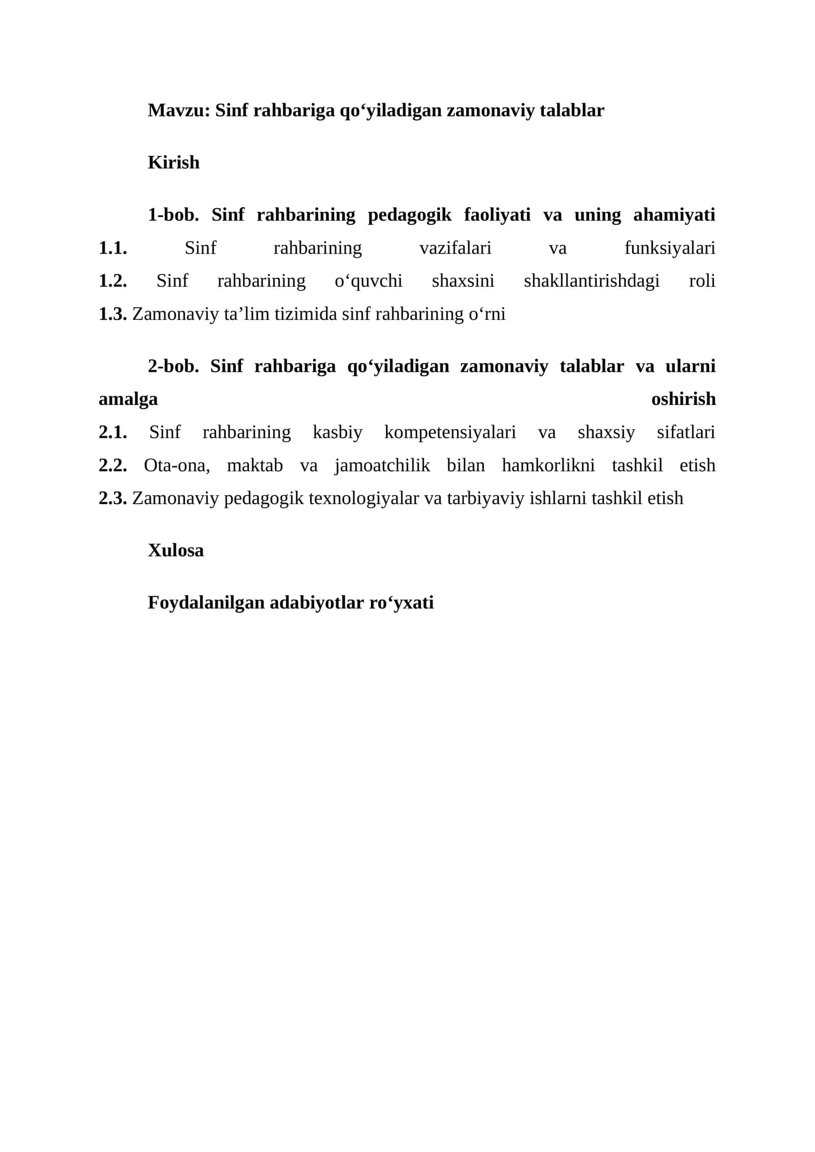 Sinf rahbariga qo‘yiladigan zamonaviy talablar