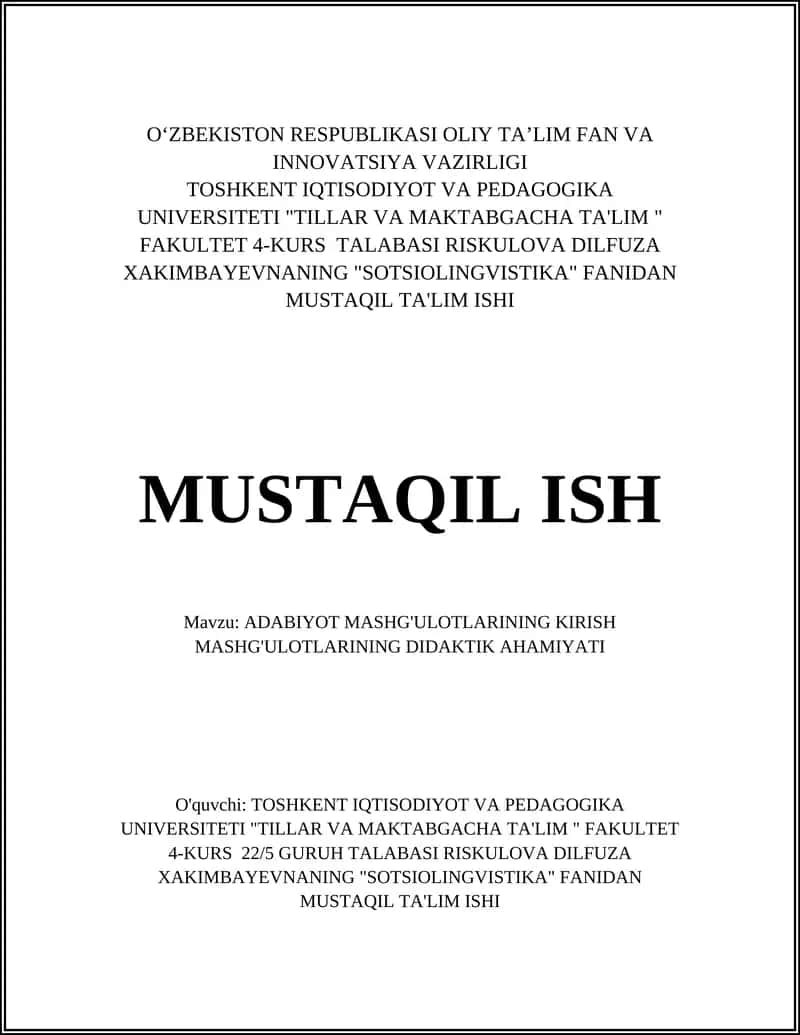 ADABIYOT MASHG'ULOTLARINING KIRISH MASHG'ULOTLARINING DIDAKTIK AHAMIYATI