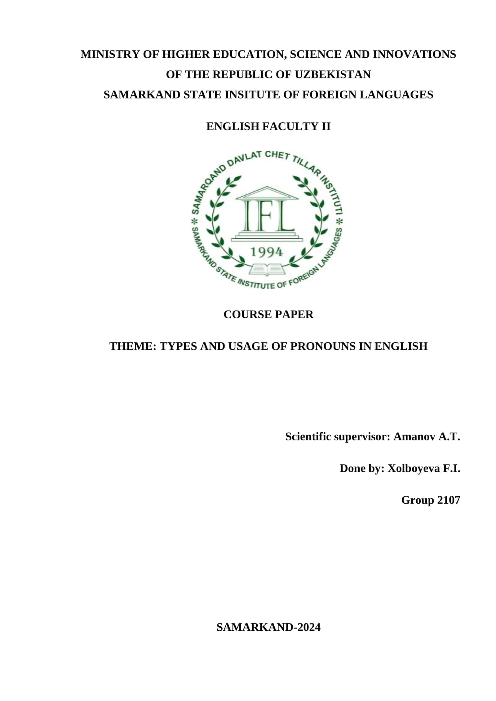 TYPES AND USAGE OF PRONOUNS IN ENGLISH