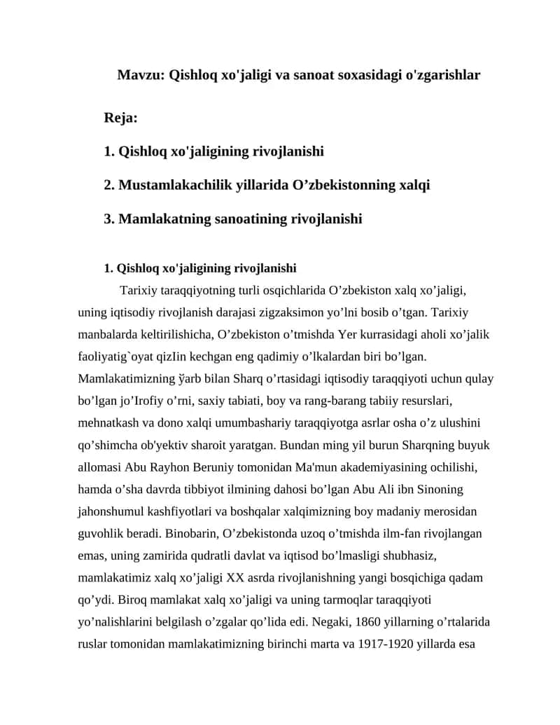 Qishloq xo'jaligi va sanoat soxasidagi o'zgarishlar