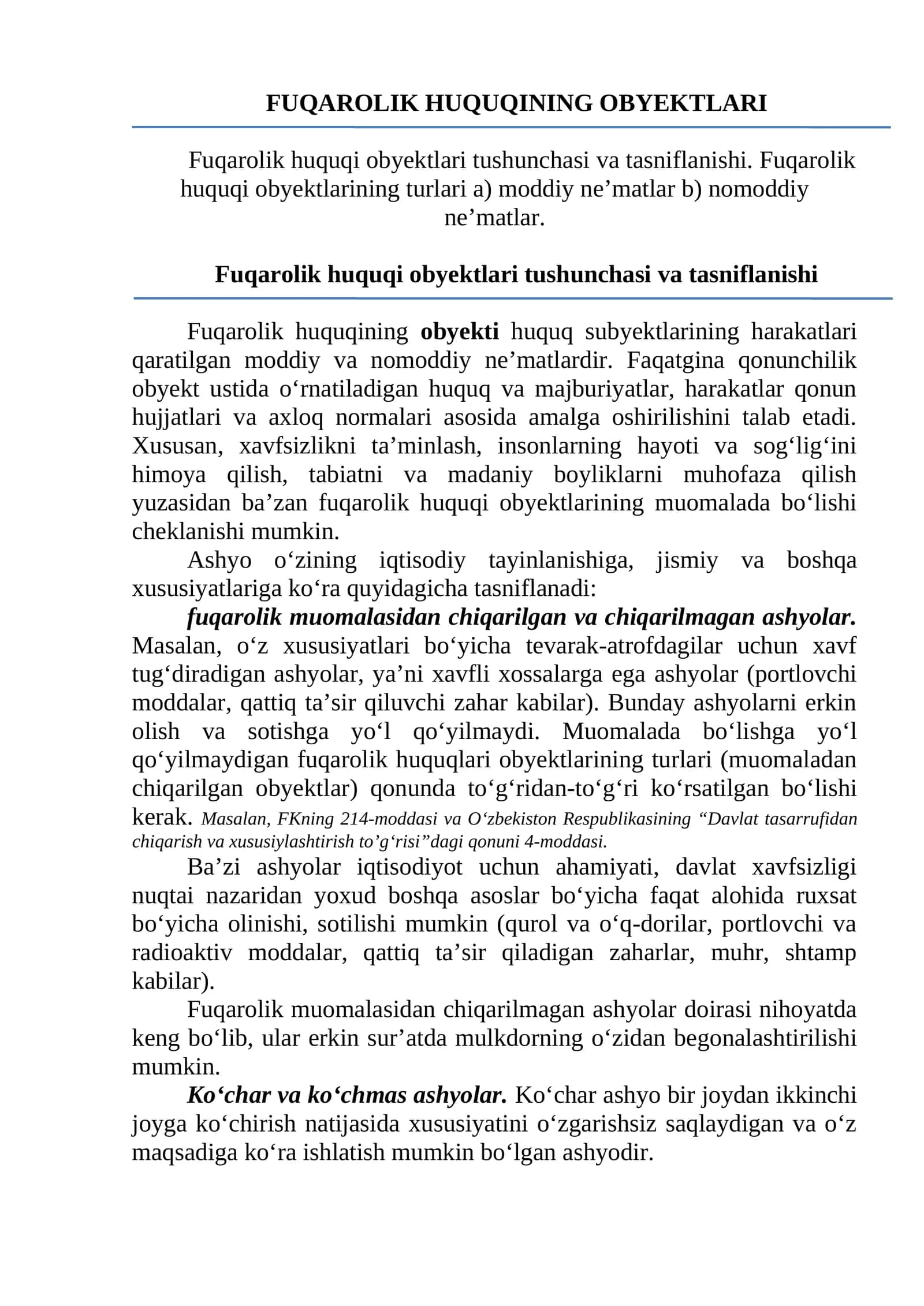 FUQAROLIK HUQUQINING OBYEKTLARI