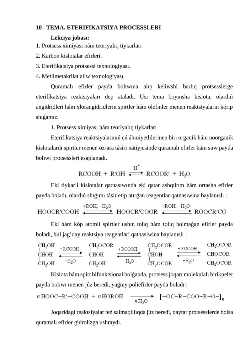 10 –TEMA. ETERIFIKATSIYA PROCESSLERI