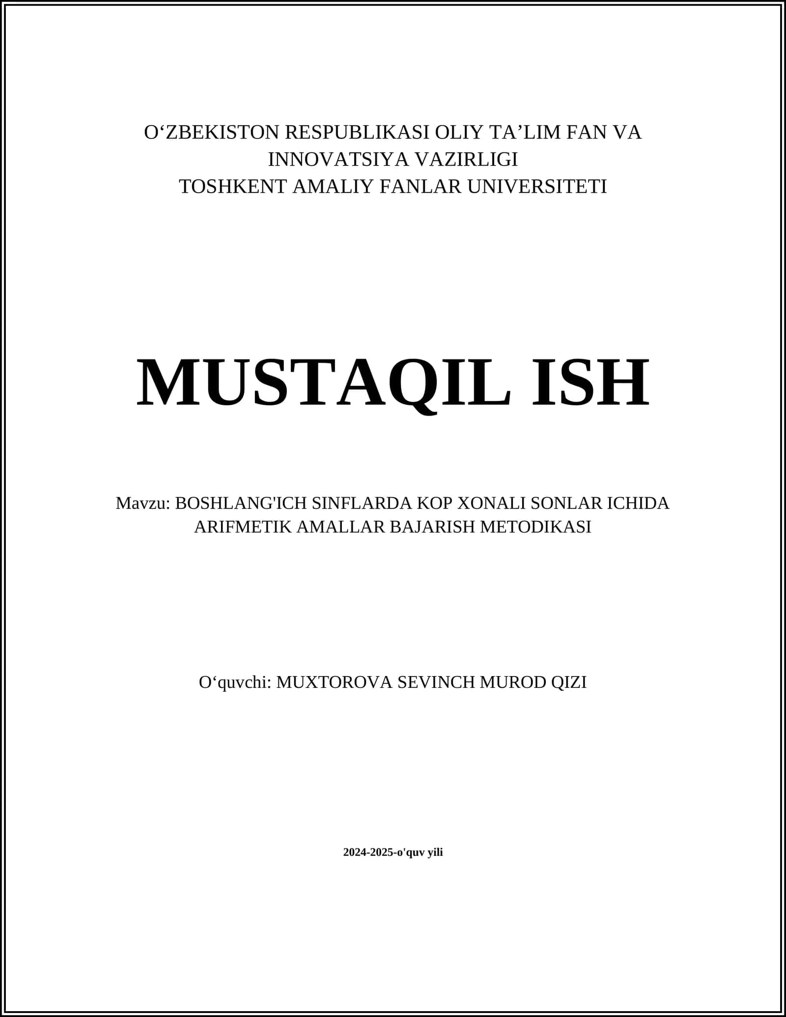 BOSHLANG'ICH SINFLARDA KOP XONALI SONLAR ICHIDA ARIFMETIK AMALLAR BAJARISH METODIKASI