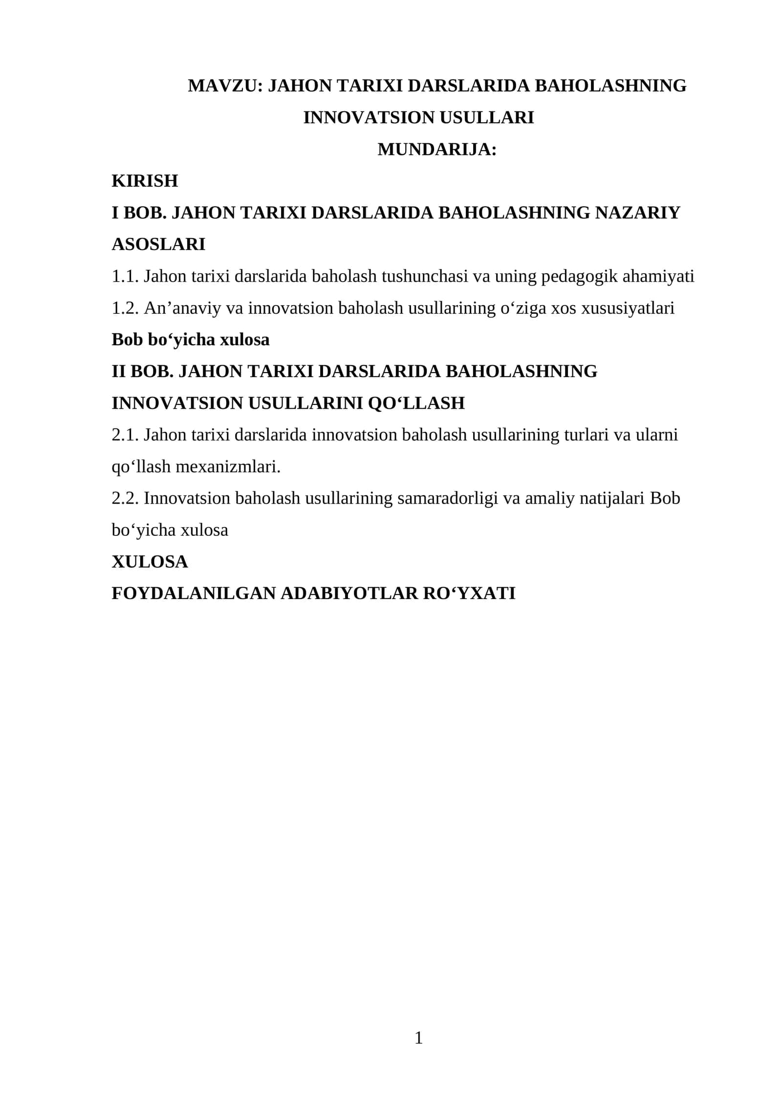 JAHON TARIXI DARSLARIDA BAHOLASHNING INNOVATSION USULLARI