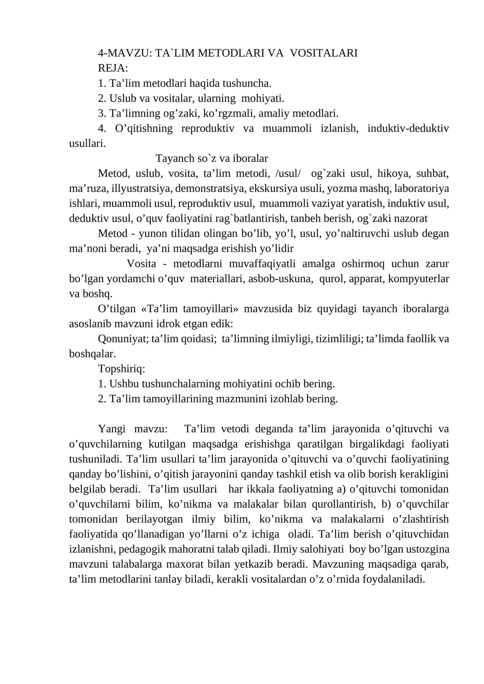 TA`LIM METODLARI VA VOSITALARI