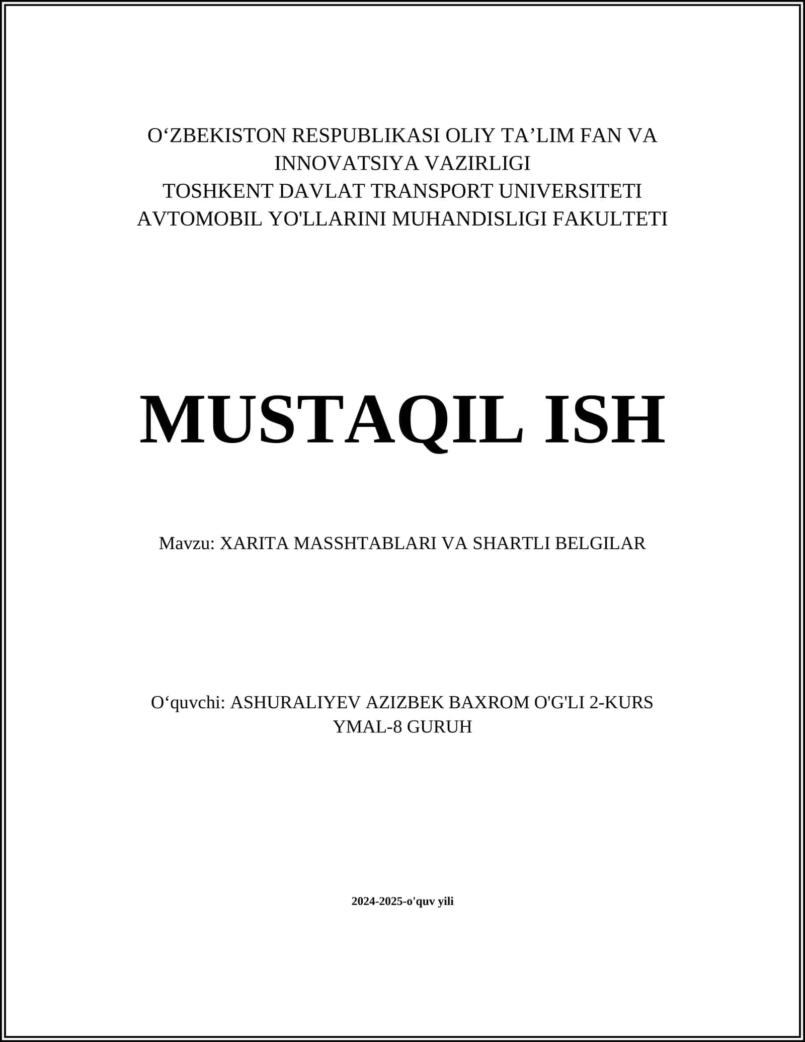 XARITA MASSHTABLARI VA SHARTLI BELGILAR