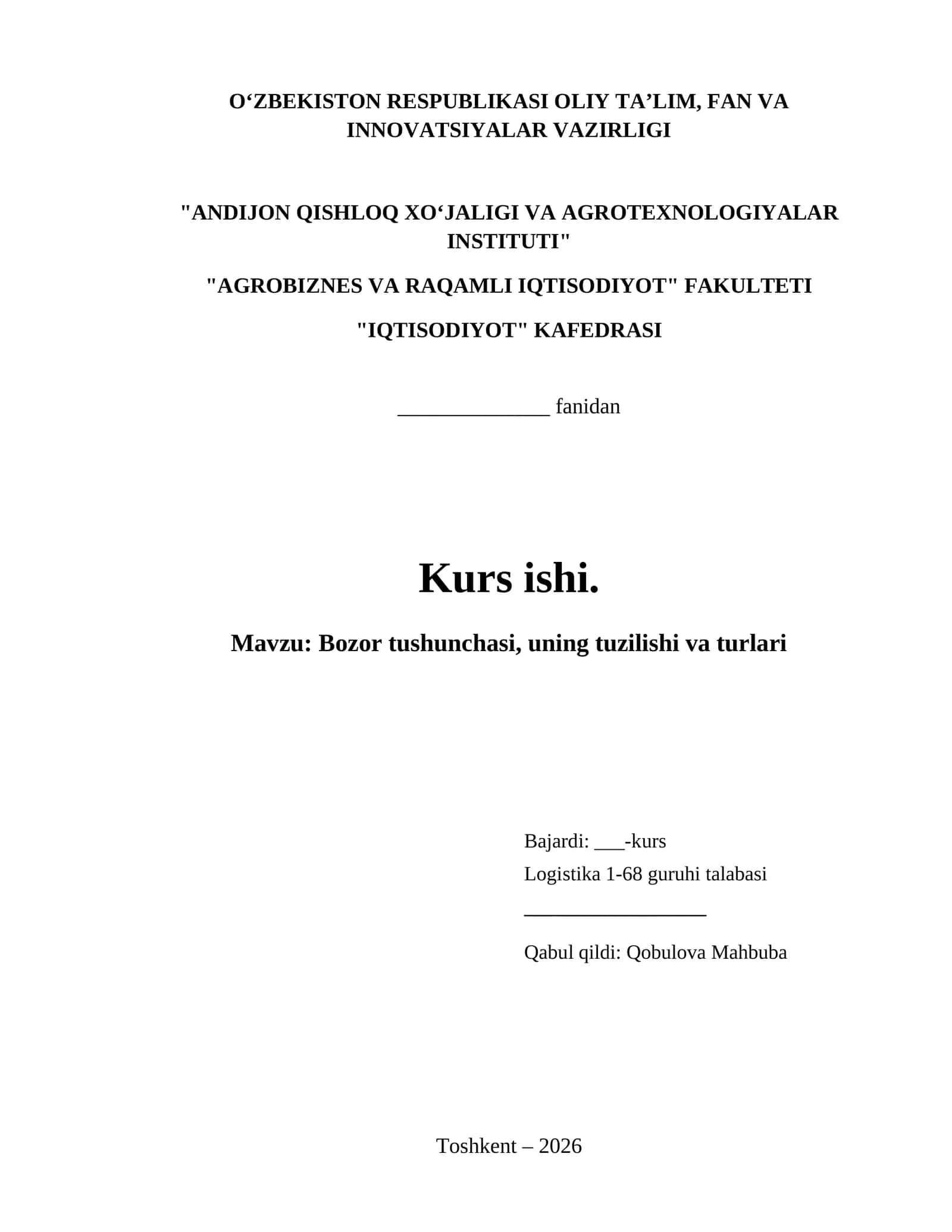 Bozor tushunchasi, uning tuzilishi va turlari