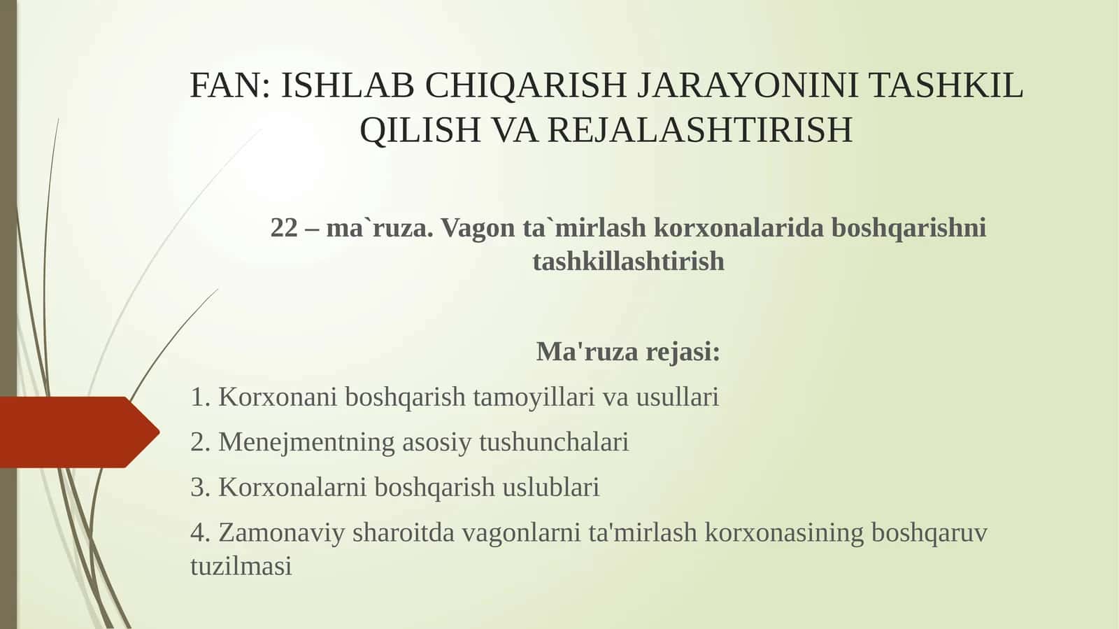 Vagon ta'mirlash korxonalarida boshqarishni tashkillashtirish