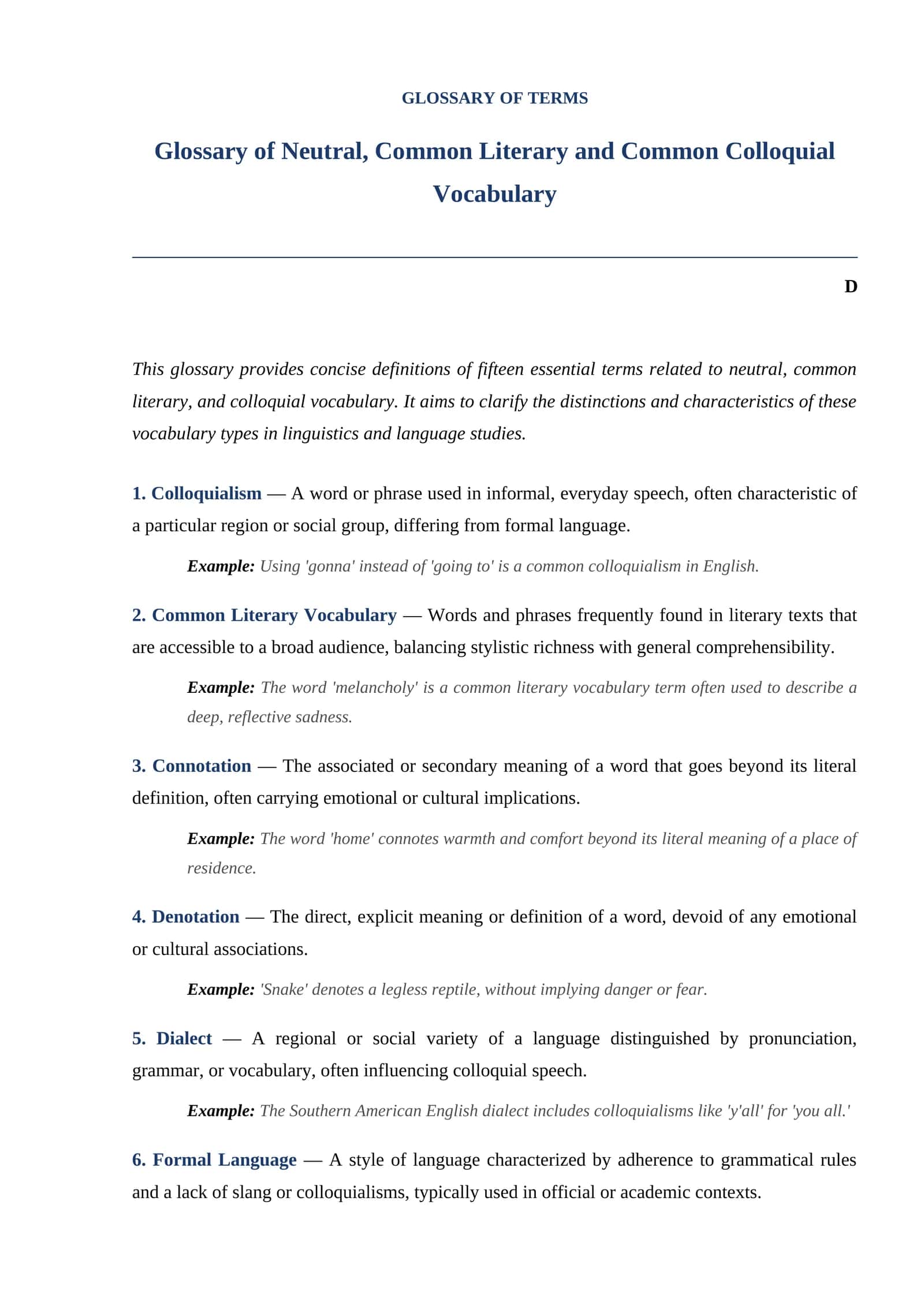 Glossary of Neutral, Common Literary and Common Colloquial Vocabulary